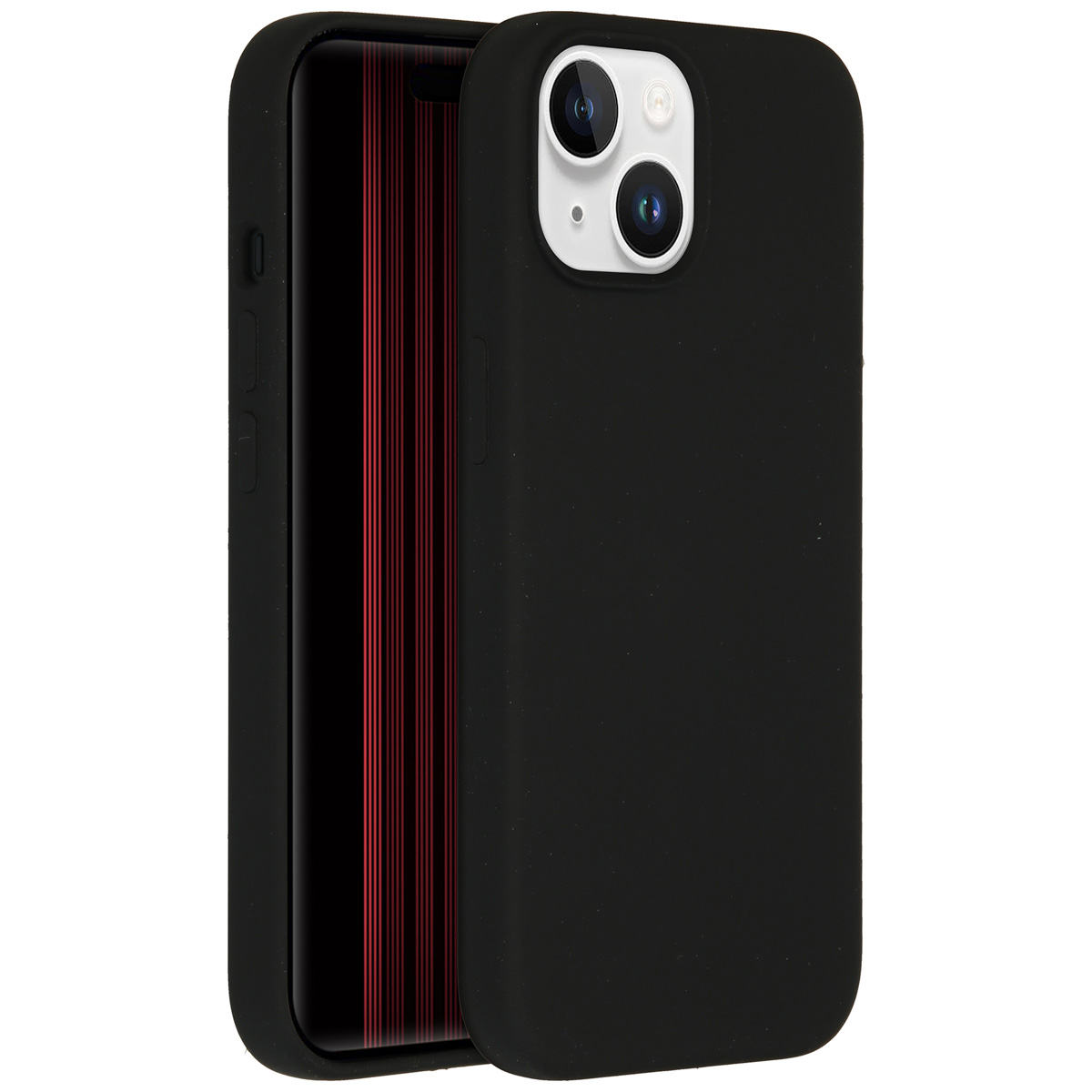 A black phone case, the phone has red stripes in the screen. The phone case surrounds the phone.