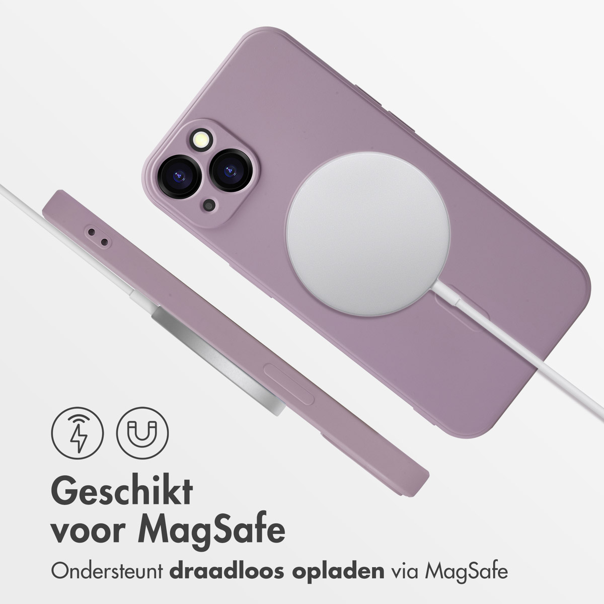Een paarse telefoonhoes met een witte oplaadschijf, met een kabel eraan. Tekst zegt dat het draadloos opladen ondersteunt.