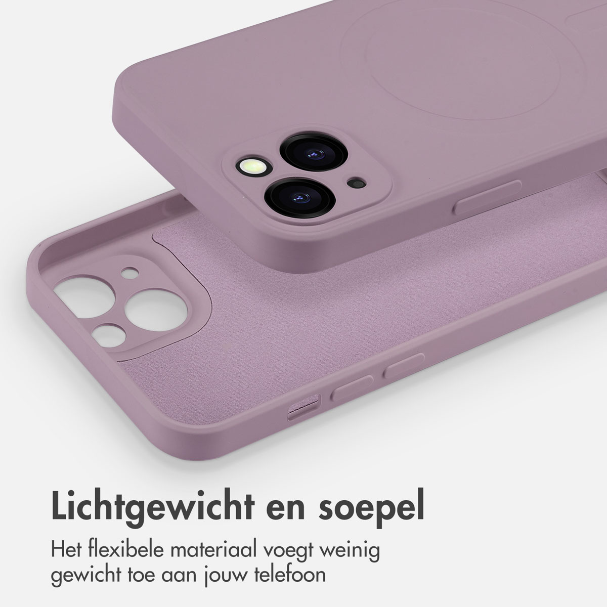 Paarse telefoonhoes met een zacht interieur. De hoes is open en toont de binnenkant. Tekst zegt lichtgewicht en flexibel.