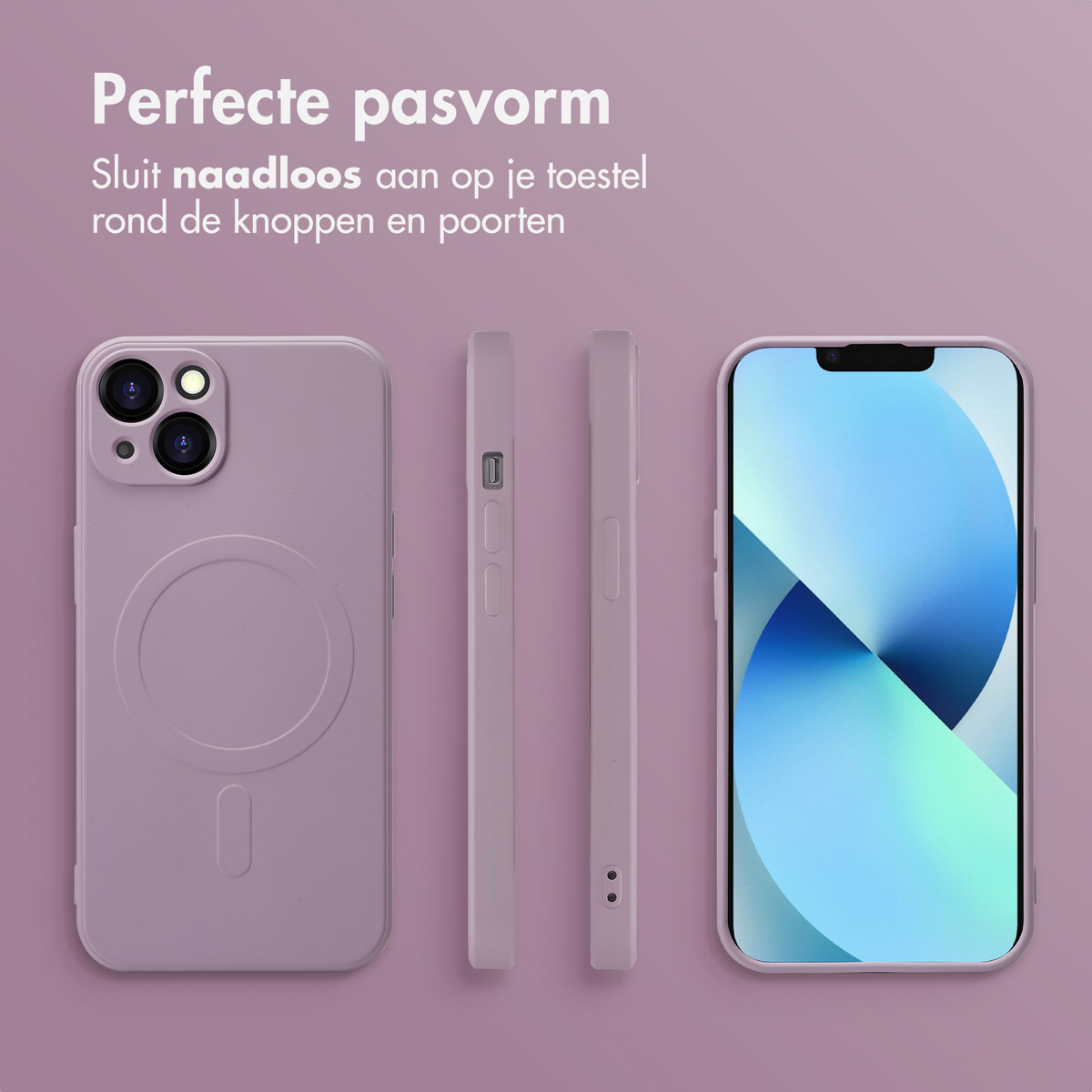 Paars telefoonhoesje met telefoon. Toont de hoes in verschillende weergaven, waaronder de voorkant, zijkant en achterkant.
