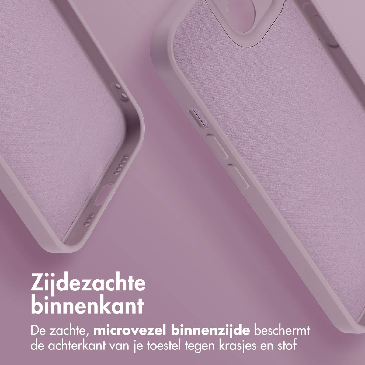 Paars telefoonhoesje, met de zachte binnenkant. Tekst zegt dat het de achterkant van het apparaat beschermt tegen krassen.