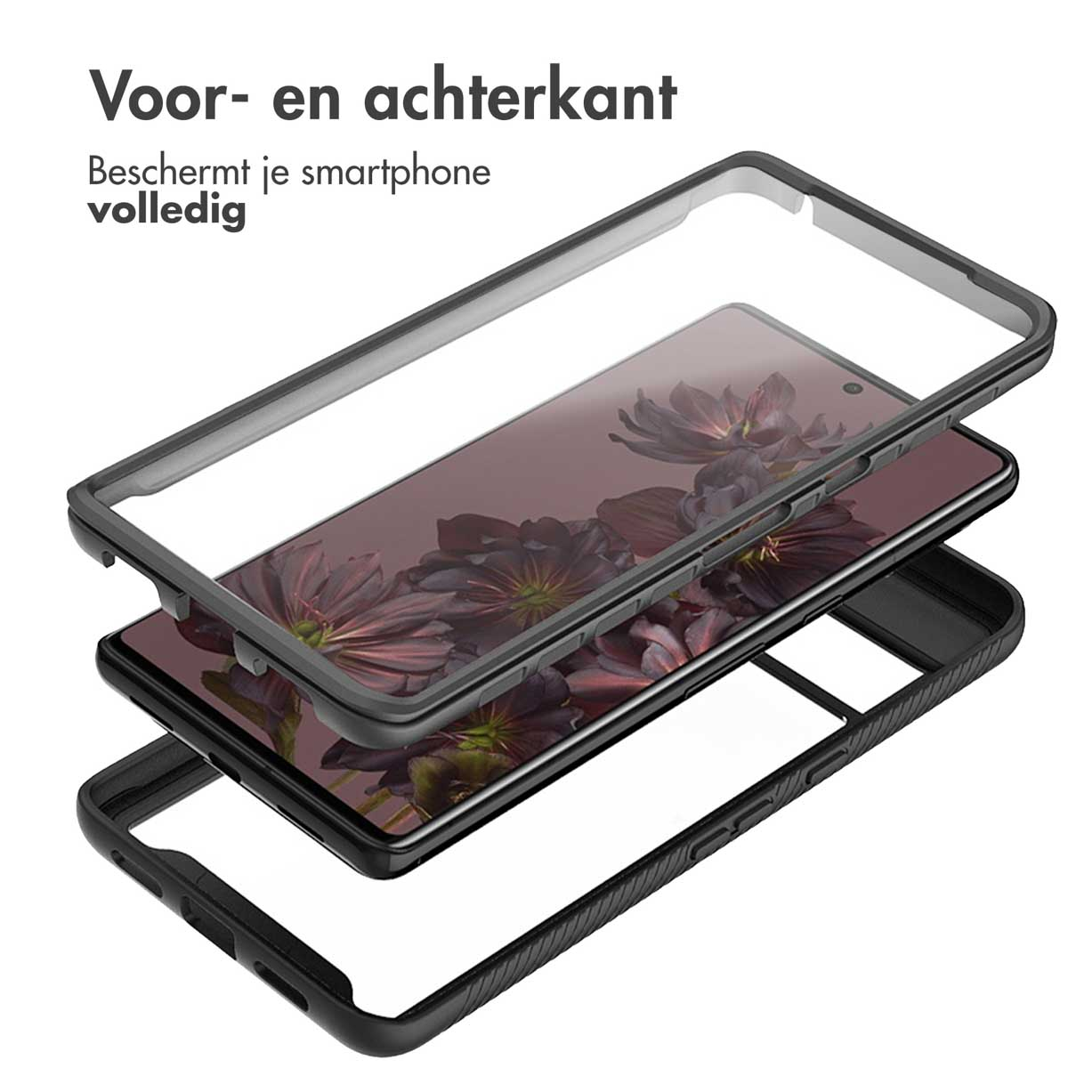 Telefoon in een beschermhoes, met de lagen van de telefoon en de hoes gescheiden.