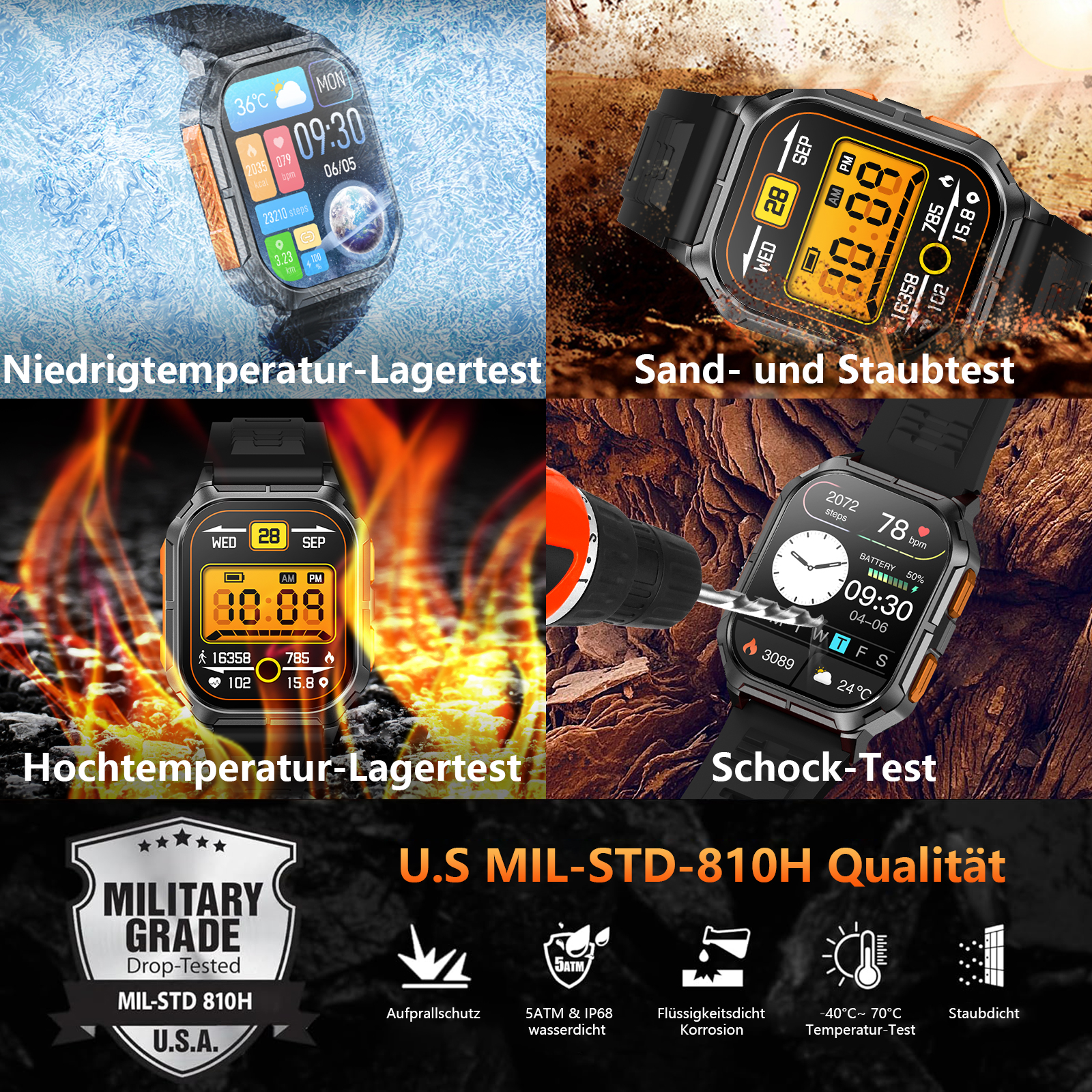 Smartwatches, die verschiedene Tests und Funktionen zeigen.