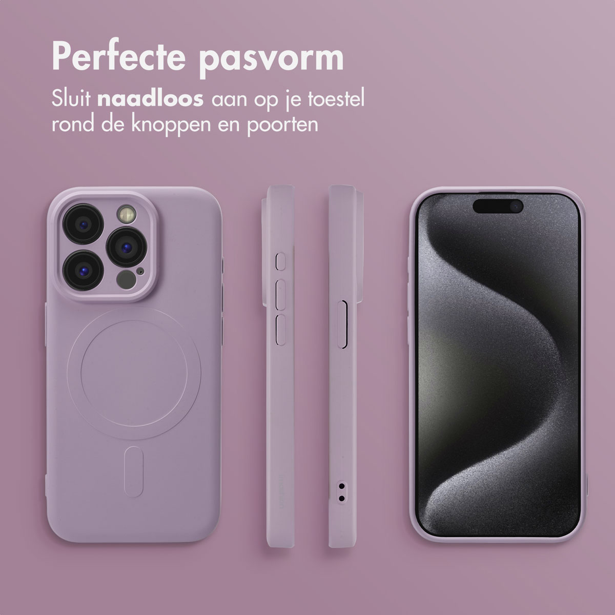 Lila Handyhülle mit drei Ansichten: vorne, Seite und Bildschirm. Text: 'Perfekte Passform'.