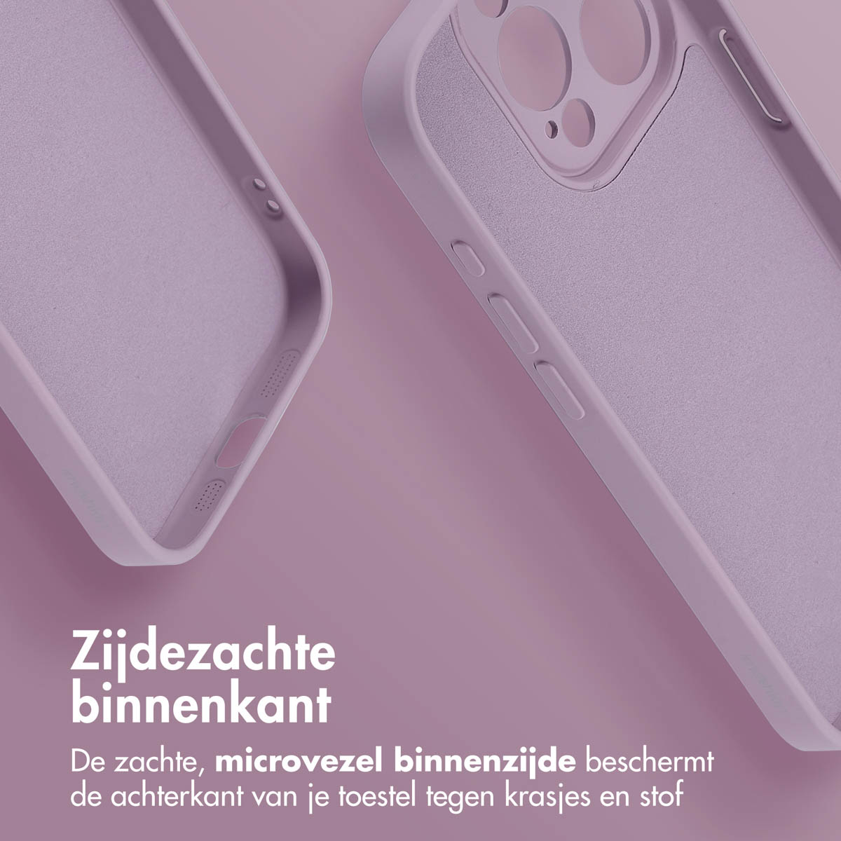Nahaufnahme eines violetten Handyhüllen-Innenraums. Text: 'Weiches Innenleben'. Weiches Mikrofaserfutter.