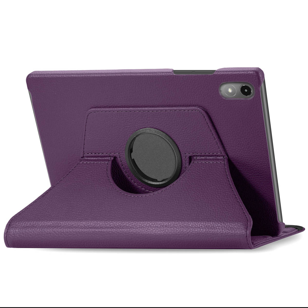 Purple tablet case, open to view the tablet, with a stand. The case is a solid purple color.