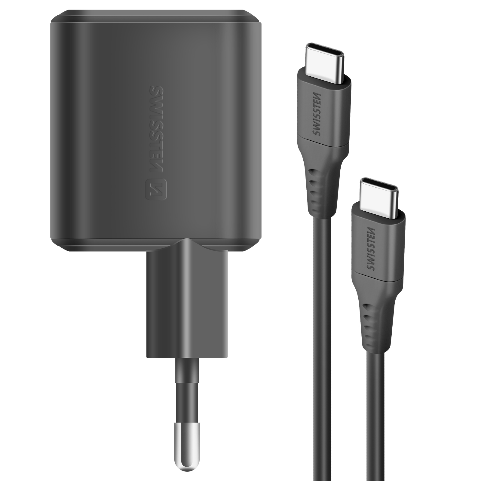 Schwarzes Ladegerät und zwei schwarze USB-C-Kabel. Marke Swisssten.