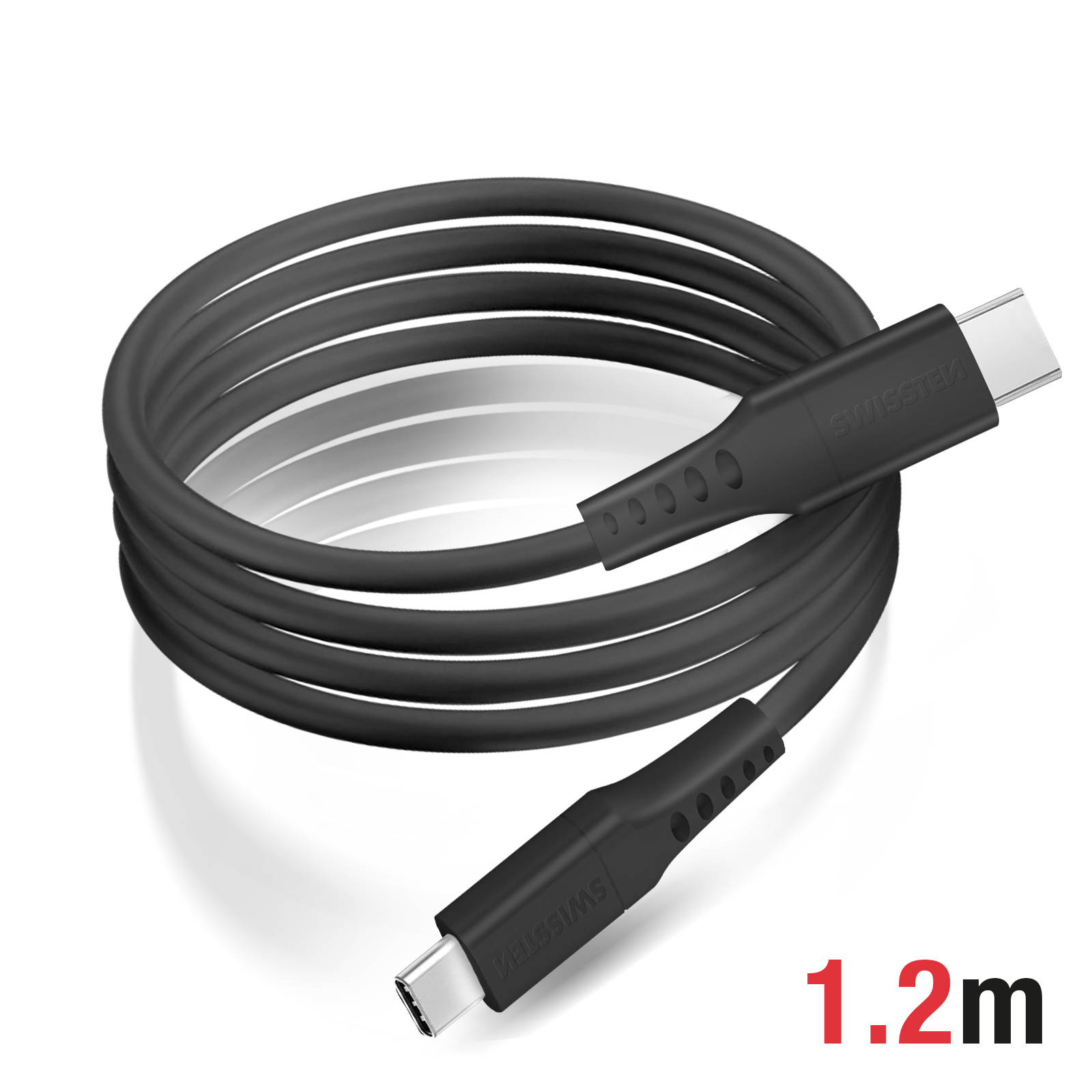 Schwarz USB-C Kabel auf weißem Untergrund. Das Kabel hat zwei USB-C-Anschlüsse, der Text "SWISSTECH" ist sichtbar.