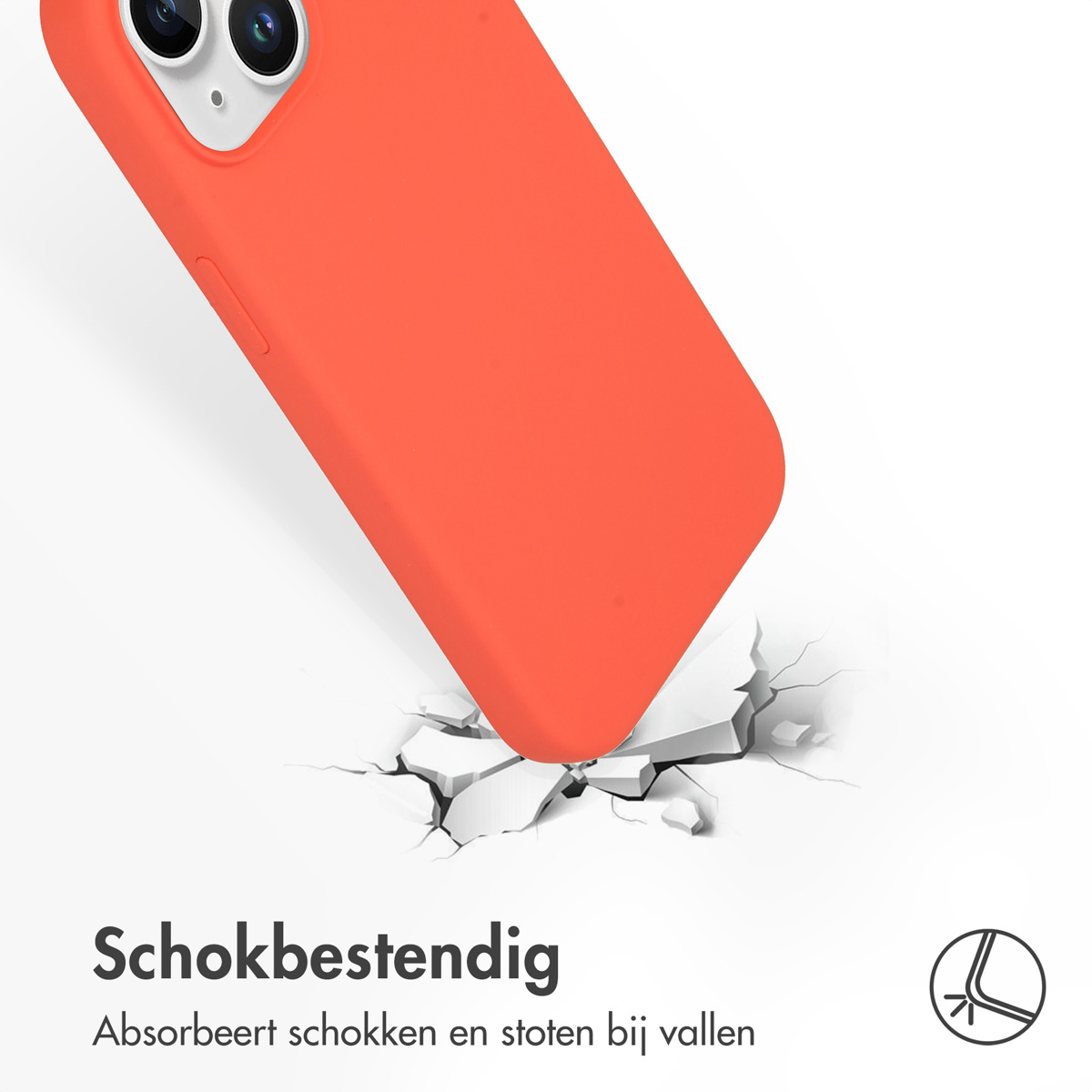 Oranje telefoonhoes valt en breekt een oppervlak. Tekst: 'Schokbestendig'.