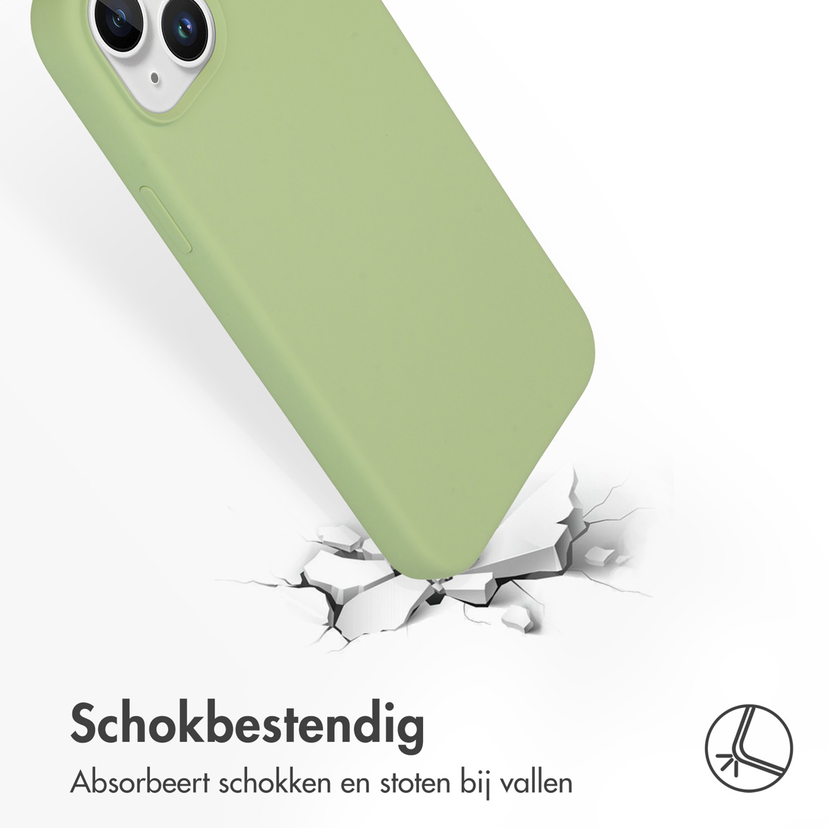 Een lichtgroene telefoonhoes laat de grond barsten. De hoes wordt op de grond laten vallen.