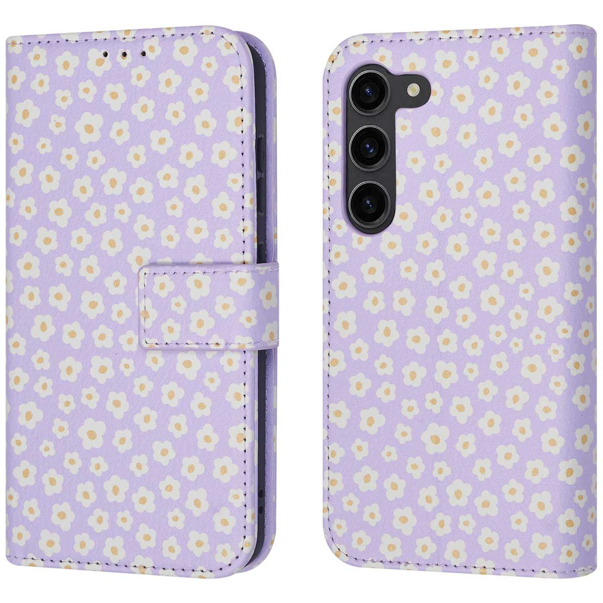 Paars telefoonhoesje met madeliefjespatroon, open om telefoon en magnetische sluiting te tonen.