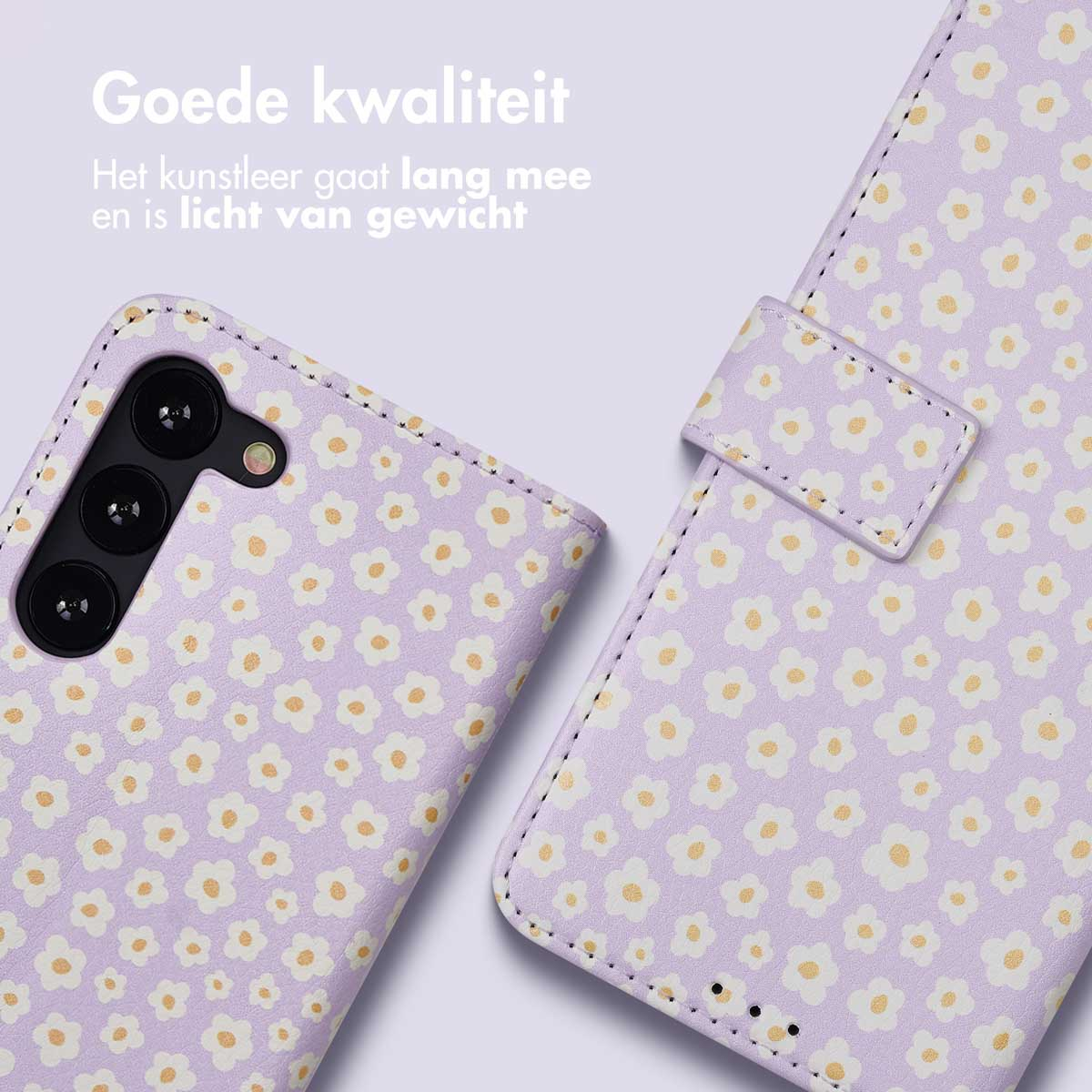 Twee telefoonhoesjes met madeliefpatroon. Eén open, één gesloten. Beide zijn paars.