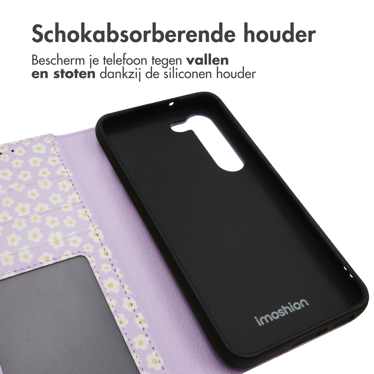 Zwarte telefoonhoes met bloemeninterieur. Open hoes naast zwarte, met zwart interieur.
