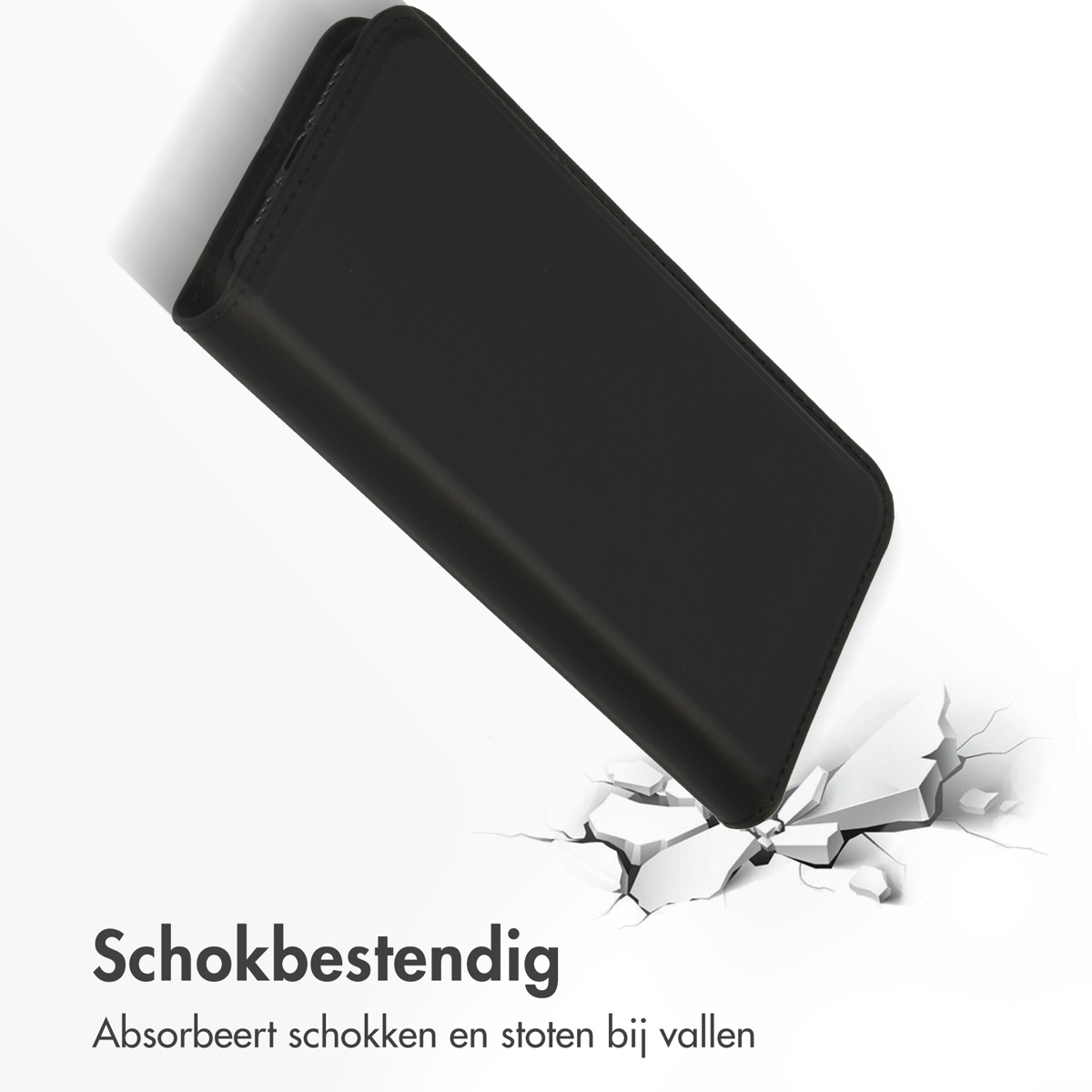 Coque de téléphone noire tombant sur une surface blanche, la brisant.