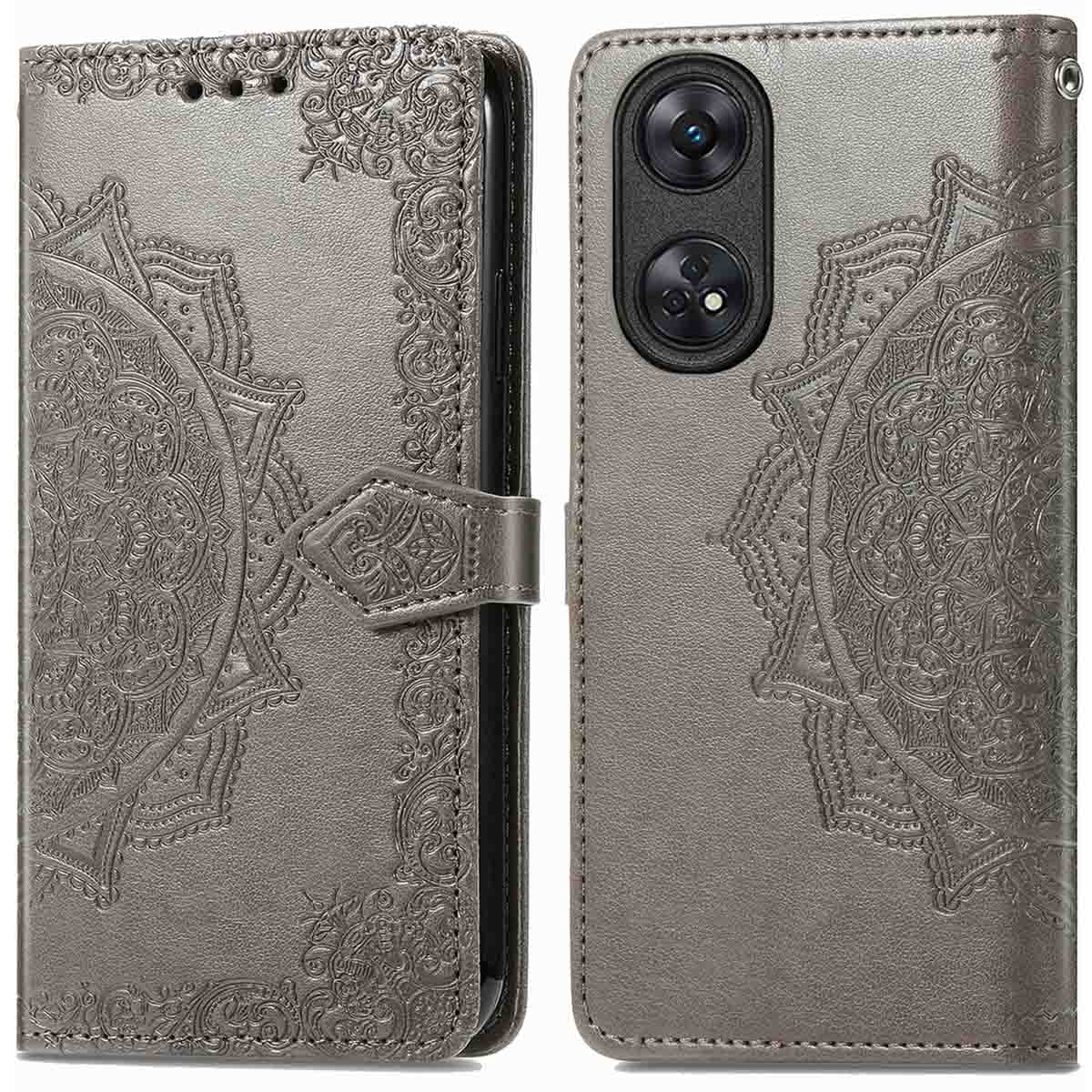 Coque grise avec motif mandala. Coque ouverte montrant téléphone et caméra.