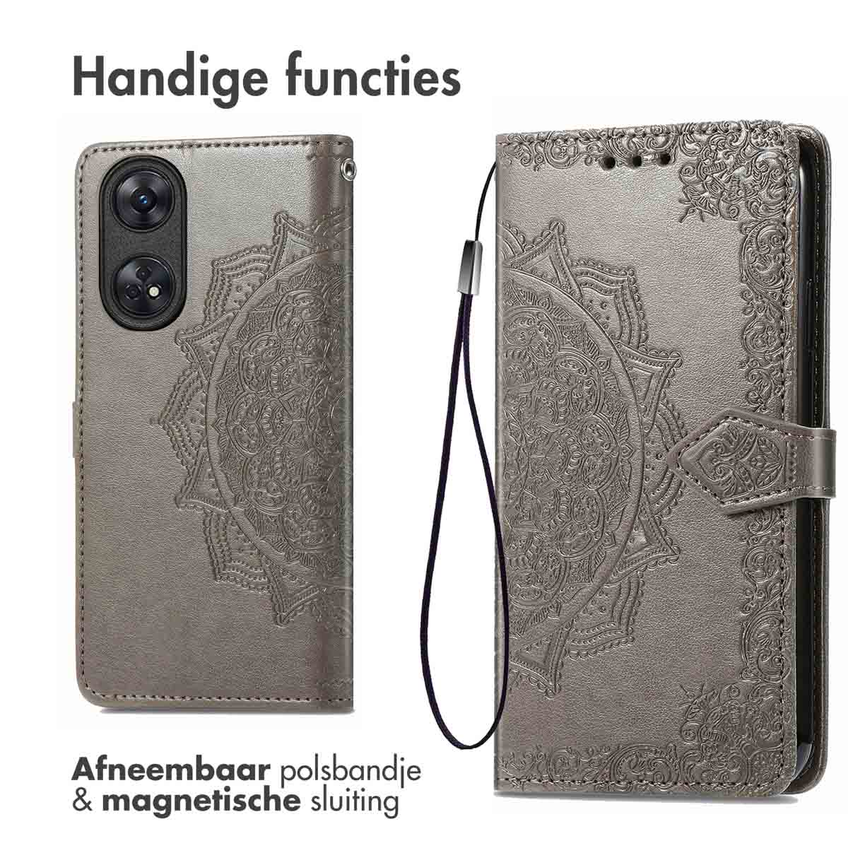 Coque de téléphone grise avec un design mandala, dragonne amovible et fermeture magnétique.
