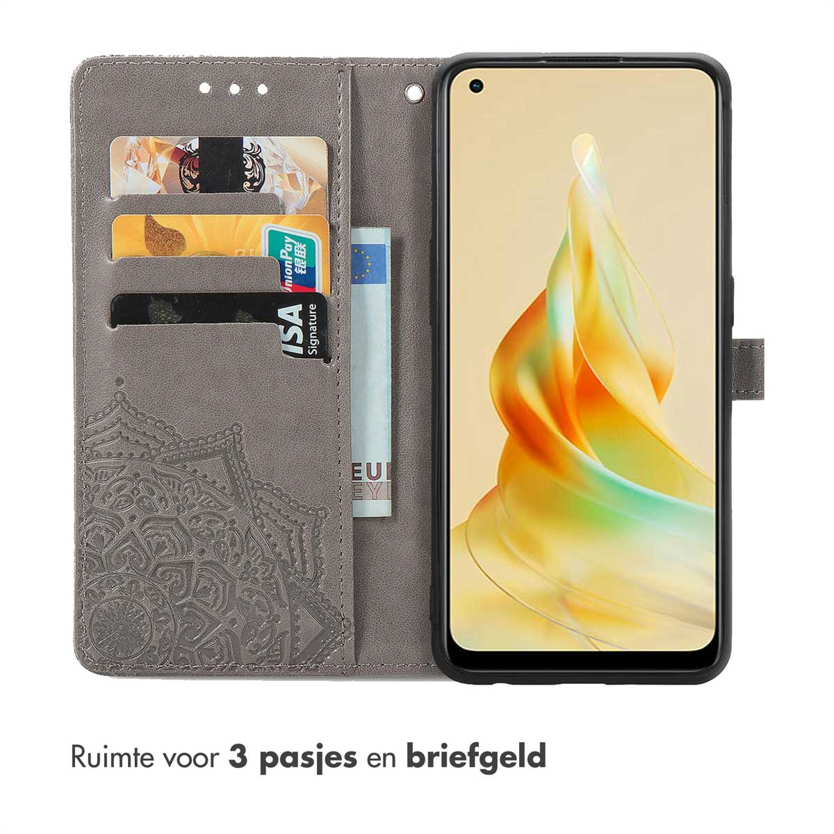 Étui de téléphone ouvert avec cartes et argent, le téléphone affiche un motif tourbillonnant avec un fond de couleur claire.