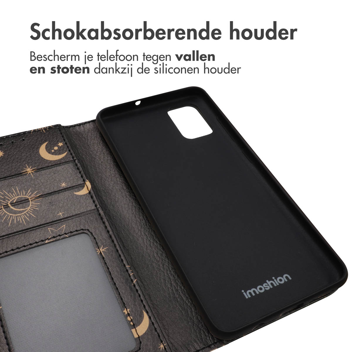 Een zwarte telefoonhoes staat naast een donkere kosmische hoes in portemonnee-stijl, met een kaartsleuf.
