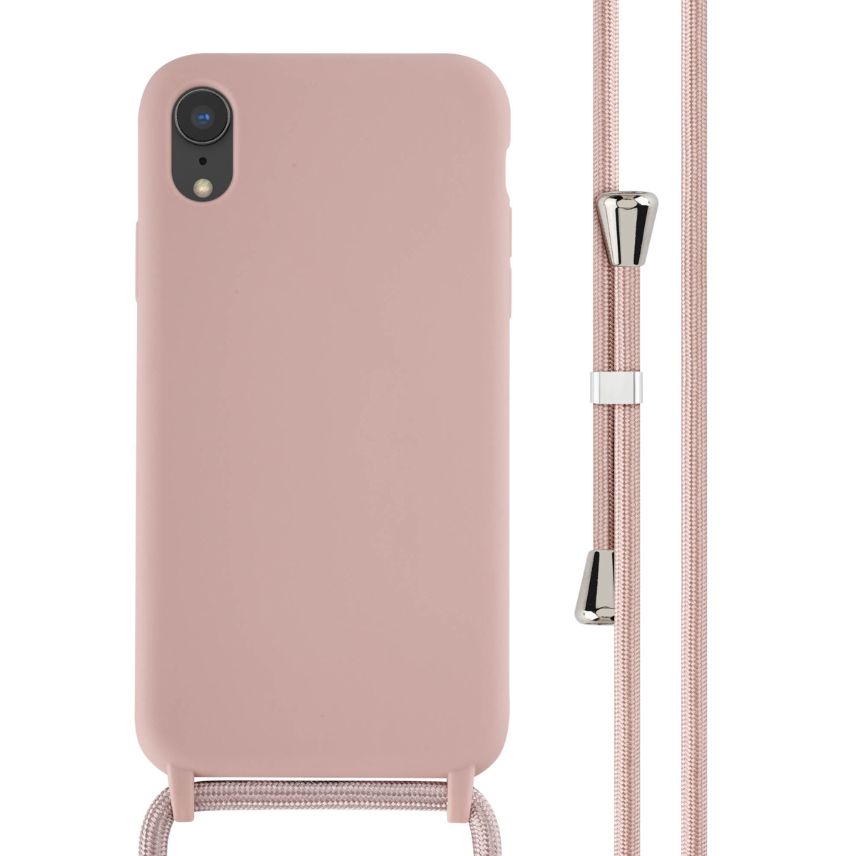 Coque de téléphone rose avec un cordon rose pour suspendre. Détails argentés sur le cordon.