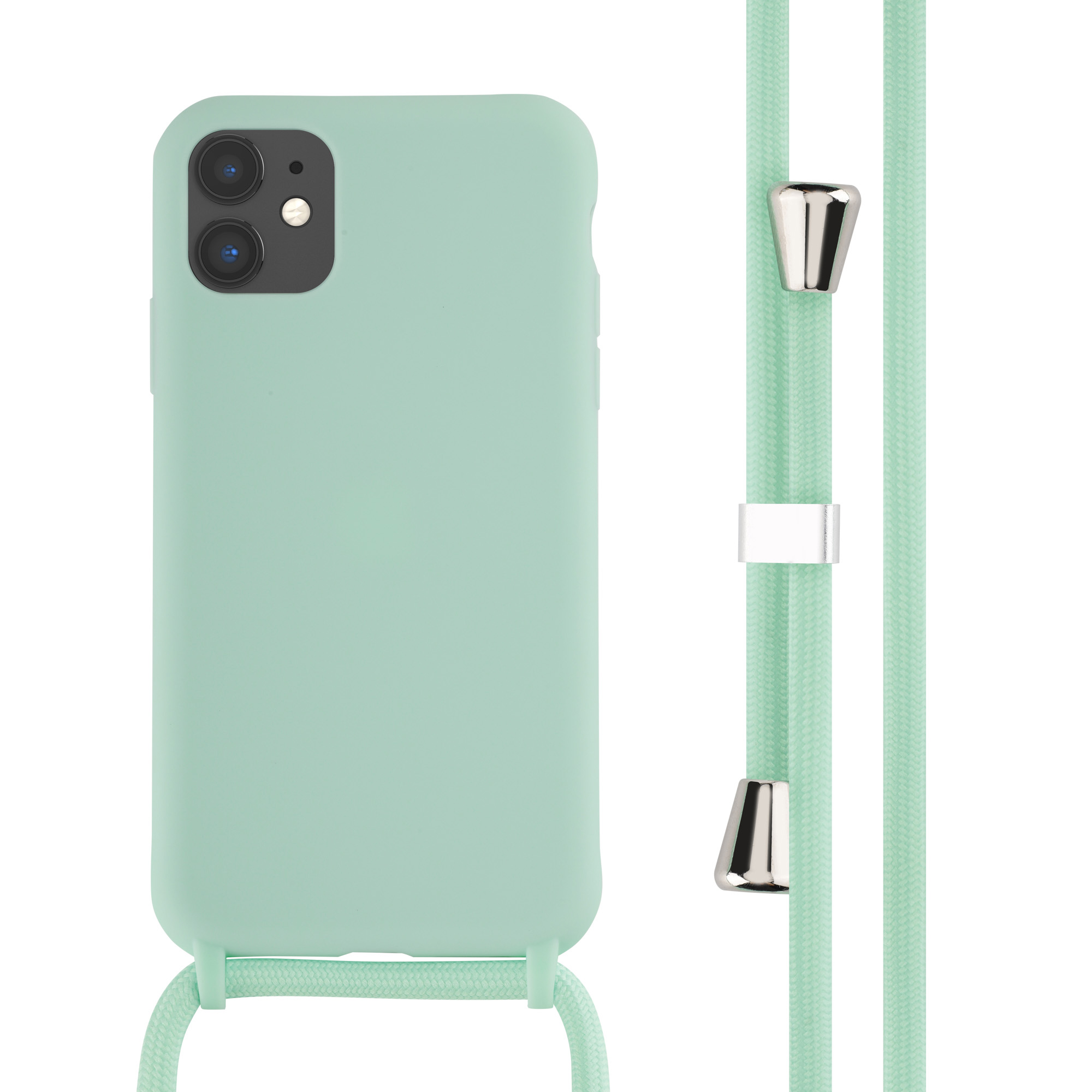 Telefoon in mintgroene hoes met mintgroen koord. Zilveren accenten. Witte achtergrond.