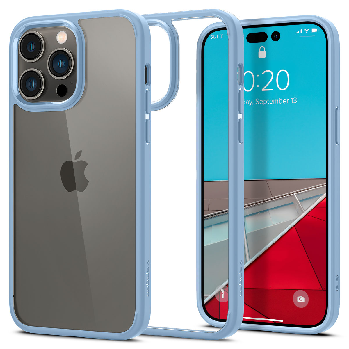 Een blauw telefoonhoesje met een transparante achterkant, die een iPhone beschermt. Het iPhone-scherm is zichtbaar.