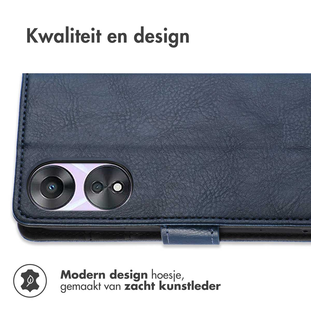 Gesloten blauwe telefoonhoes met de camera van de telefoon zichtbaar. Tekst: Kwaliteit en design.