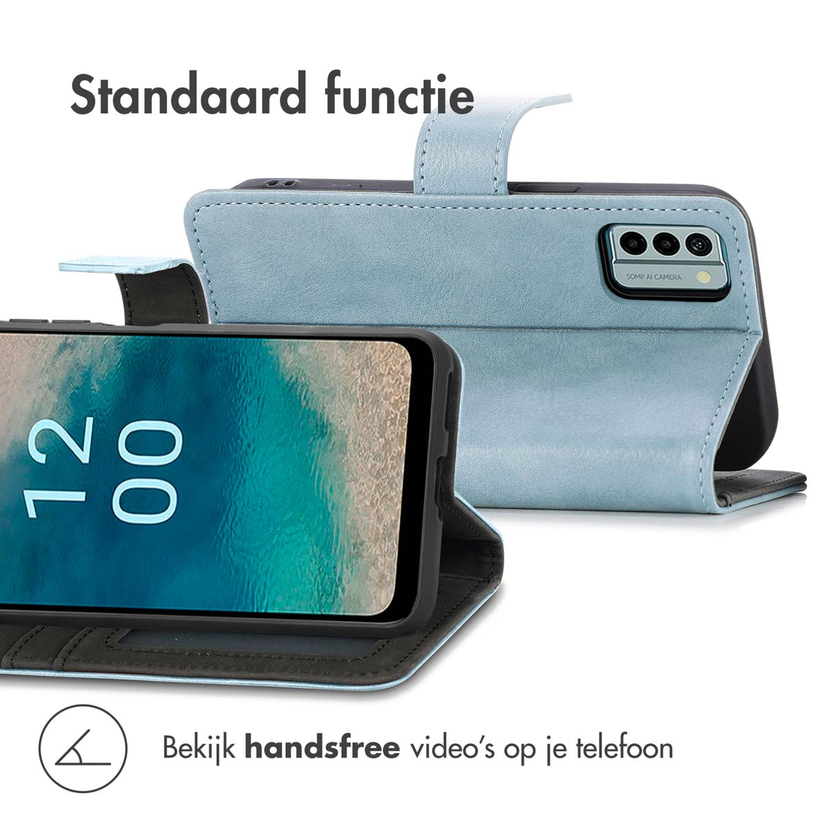 Een blauw telefoonhoesje is open en toont een telefoonscherm. De telefoon zit in het hoesje.