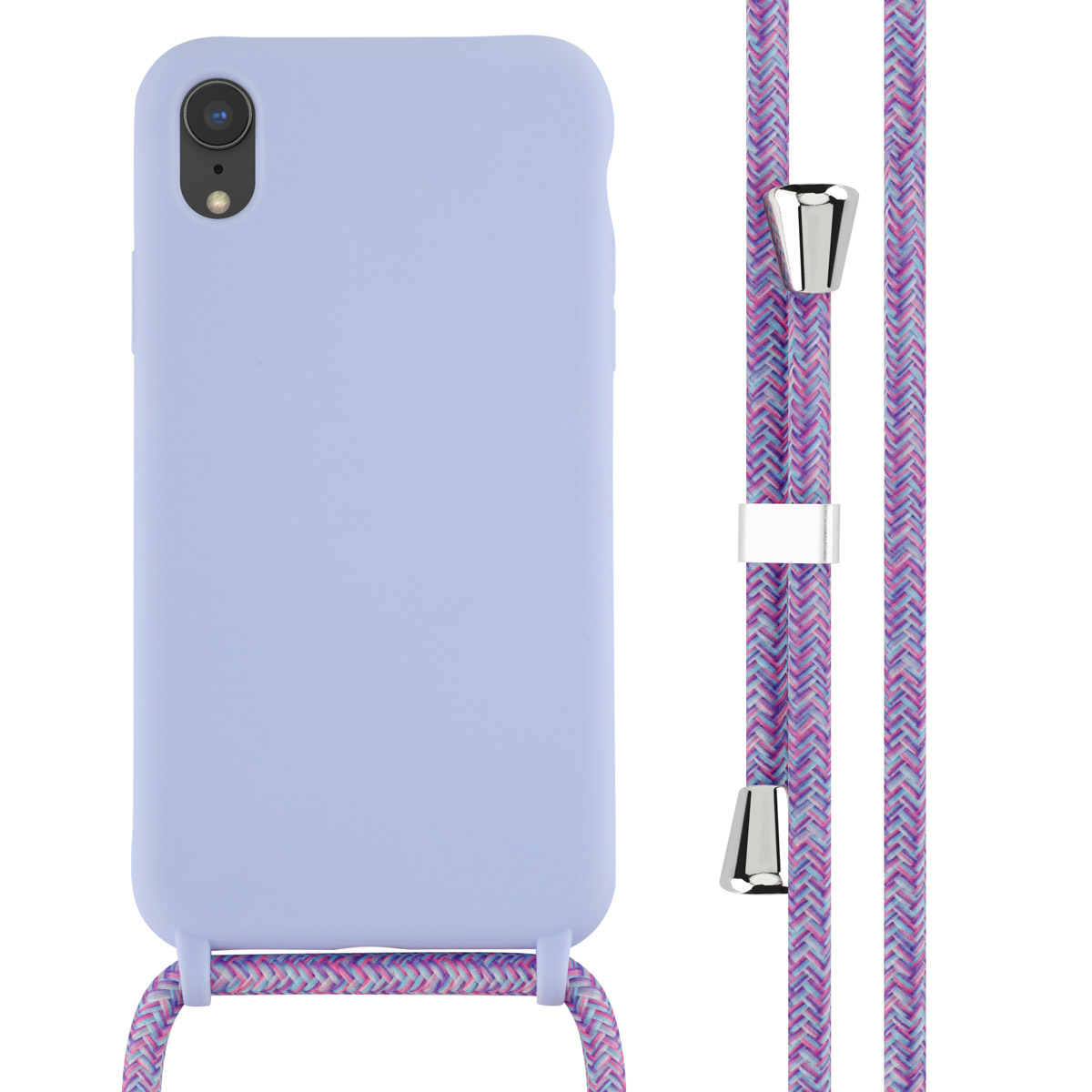 Coque de téléphone bleue avec cordon. Le cordon est multicolore avec des attaches argentées.