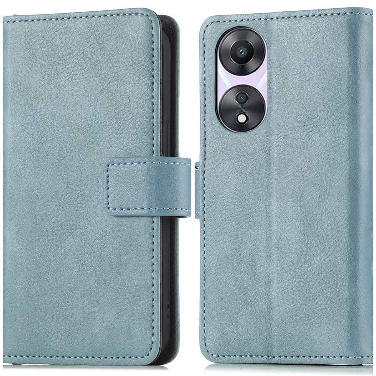 Een lichtblauwe telefoonhoes met een flap. De telefoon heeft een dubbele camera-opstelling.