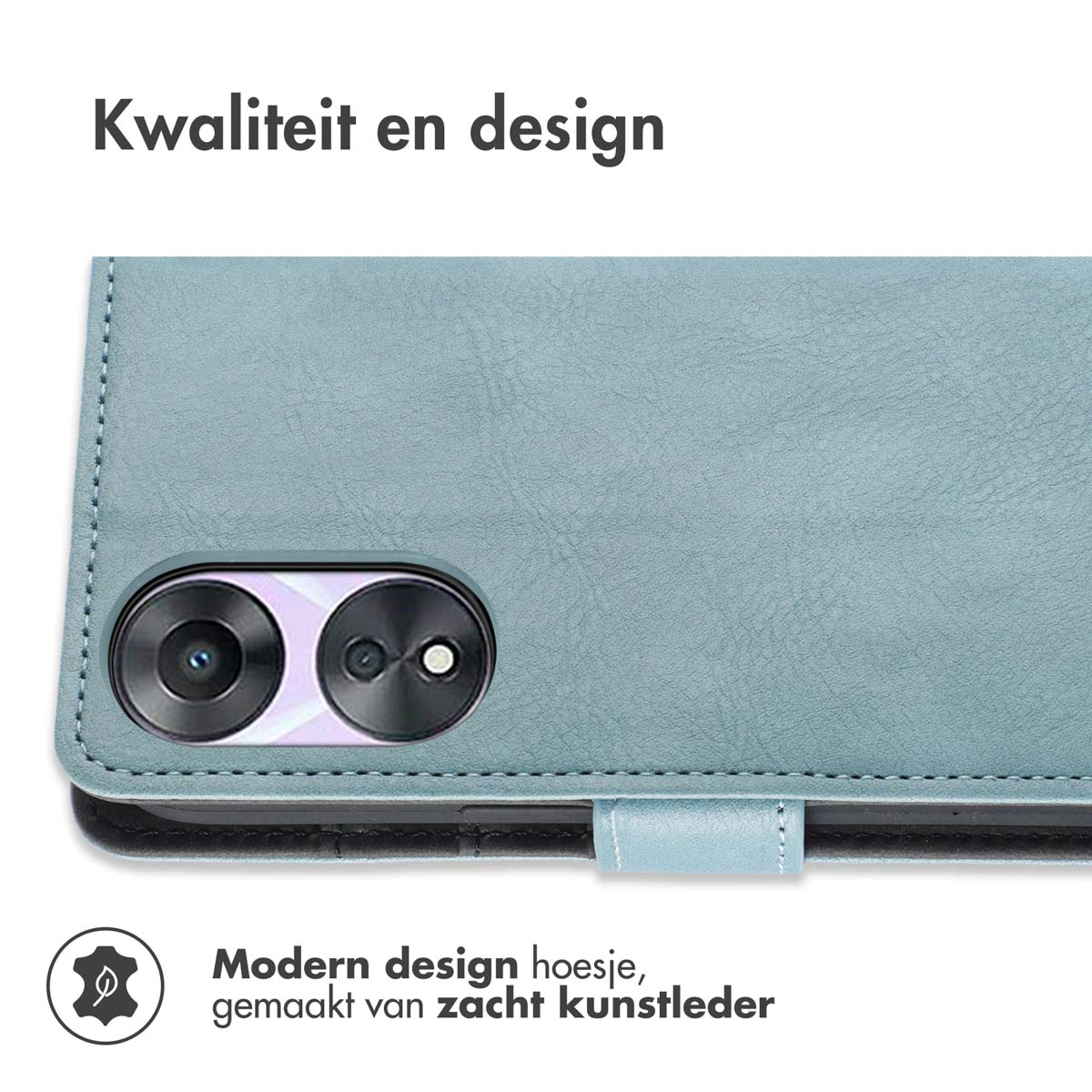 Close-up van een blauwe telefoonhoes en een telefoon. Tekst: Modern design, gemaakt van zacht kunstleer.