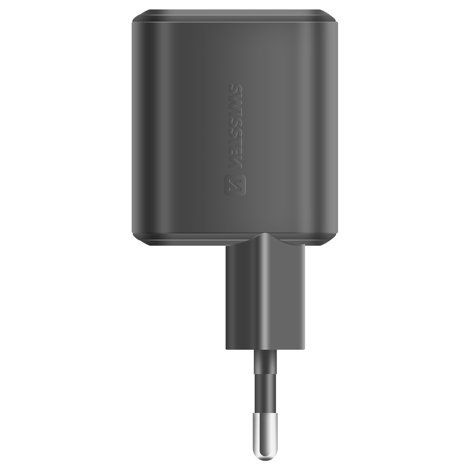Ein grauer Swiss Tech Ladeadapter. Er hat einen Stecker und einen Ladeanschluss.