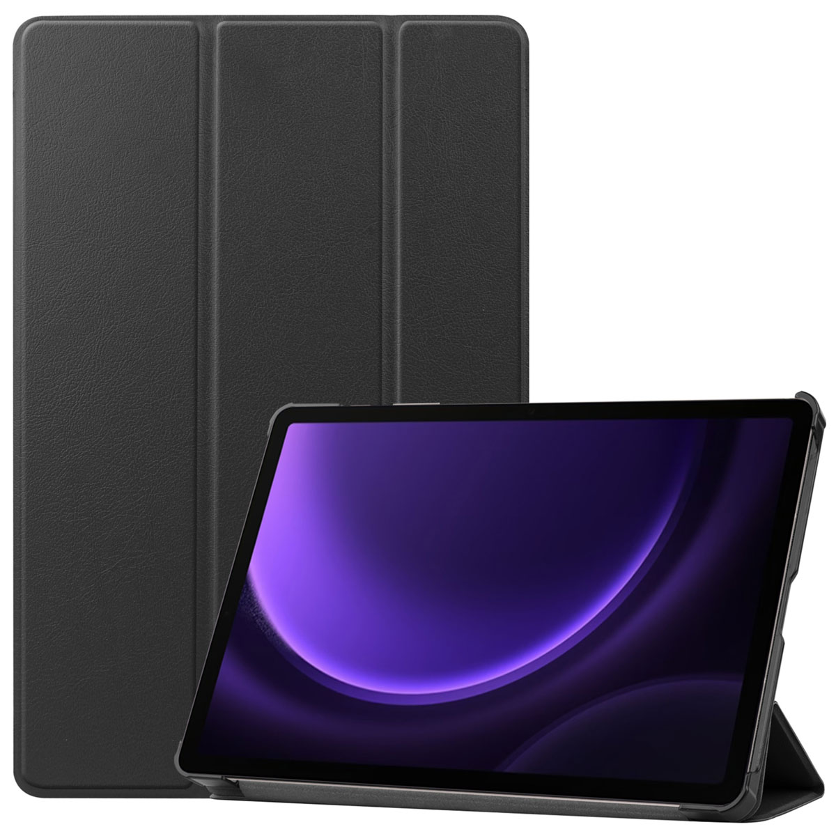 Tablet met hoes. Het tabletscherm toont een paars design. De hoes is zwart.