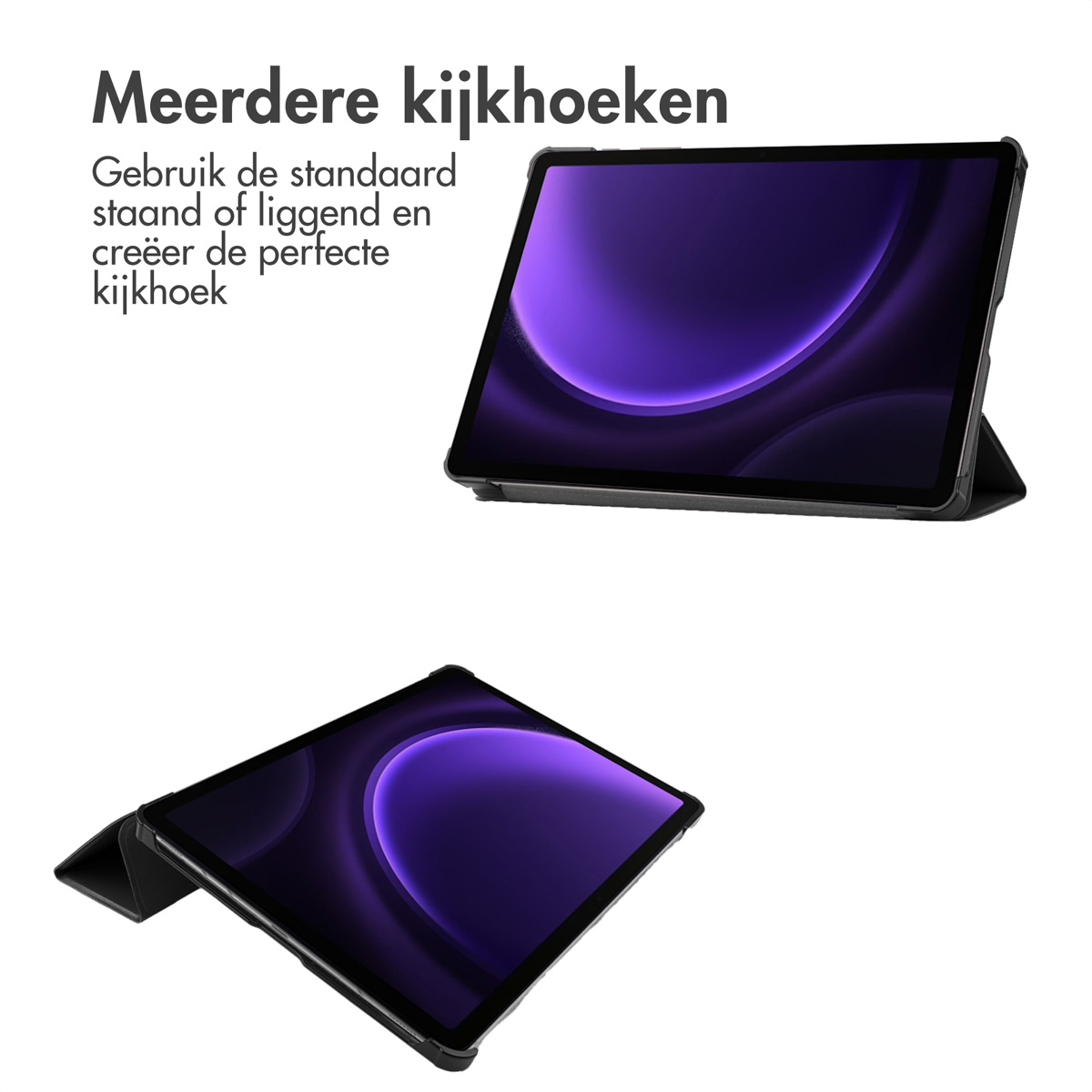 Een zwarte tablet in een hoes, getoond vanuit meerdere hoeken. Het scherm toont paars.