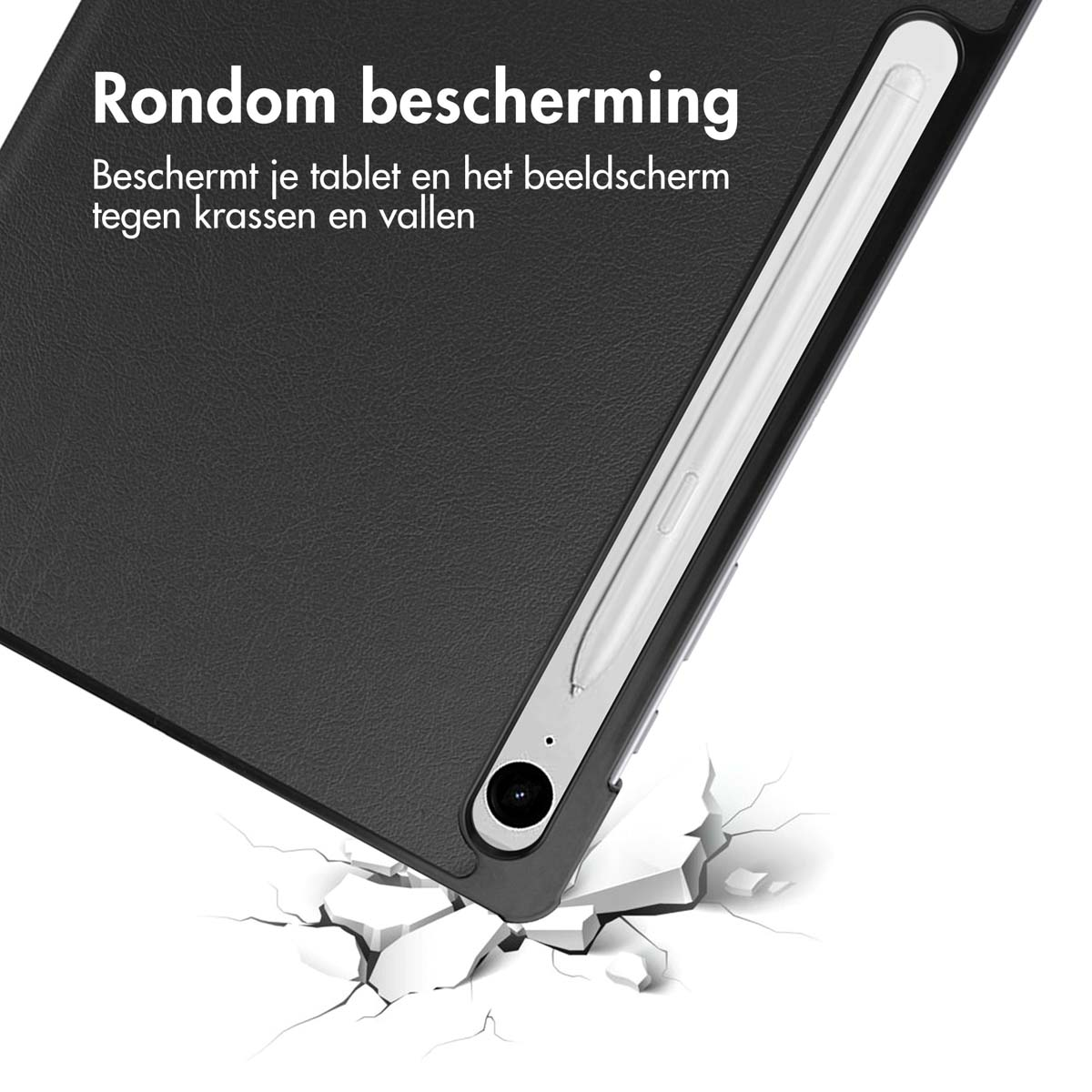 Zwarte tablet en styluspen. Tablet valt en vertoont scheuren van de impact.