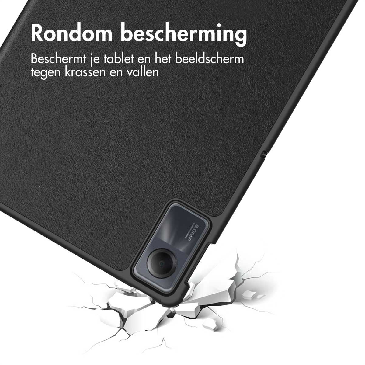 Black tablet corner being dropped onto a surface, creating cracks on it.