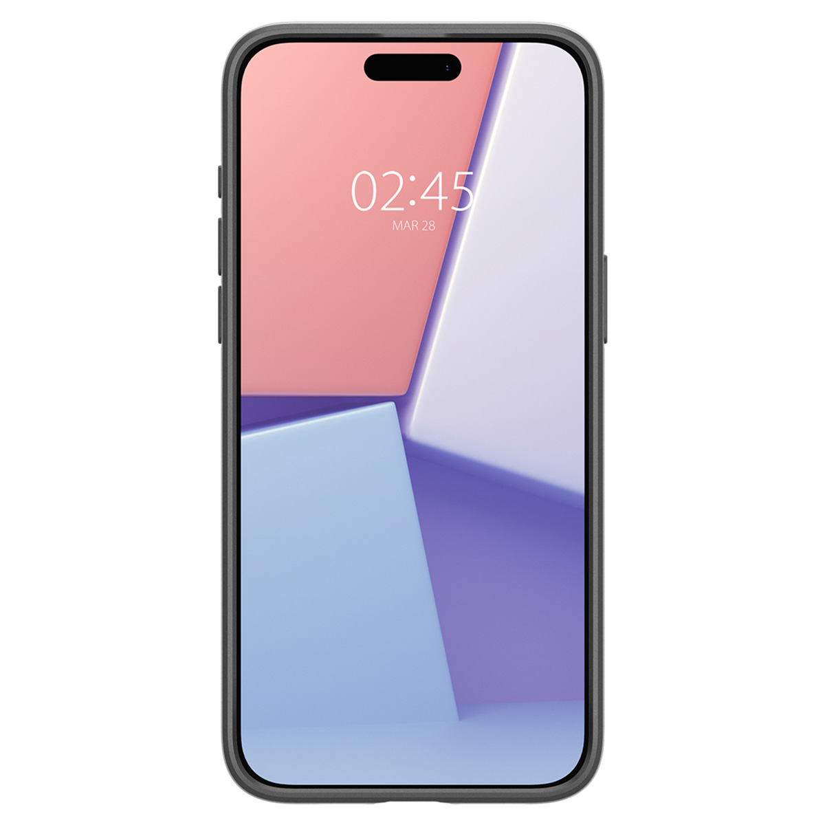 Een telefoon met een zwarte hoes. Het scherm toont een kleurrijk abstract ontwerp.