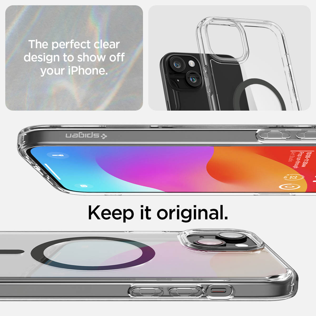 Een transparant telefoonhoesje op een iPhone, waardoor het originele ontwerp zichtbaar is. Twee weergaven worden getoond.