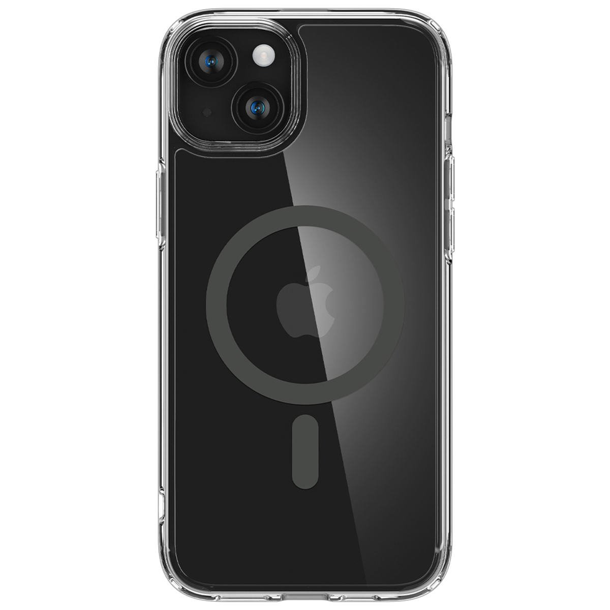 Een doorzichtig telefoonhoesje op een zwarte telefoon. Het hoesje heeft een MagSafe cirkel.