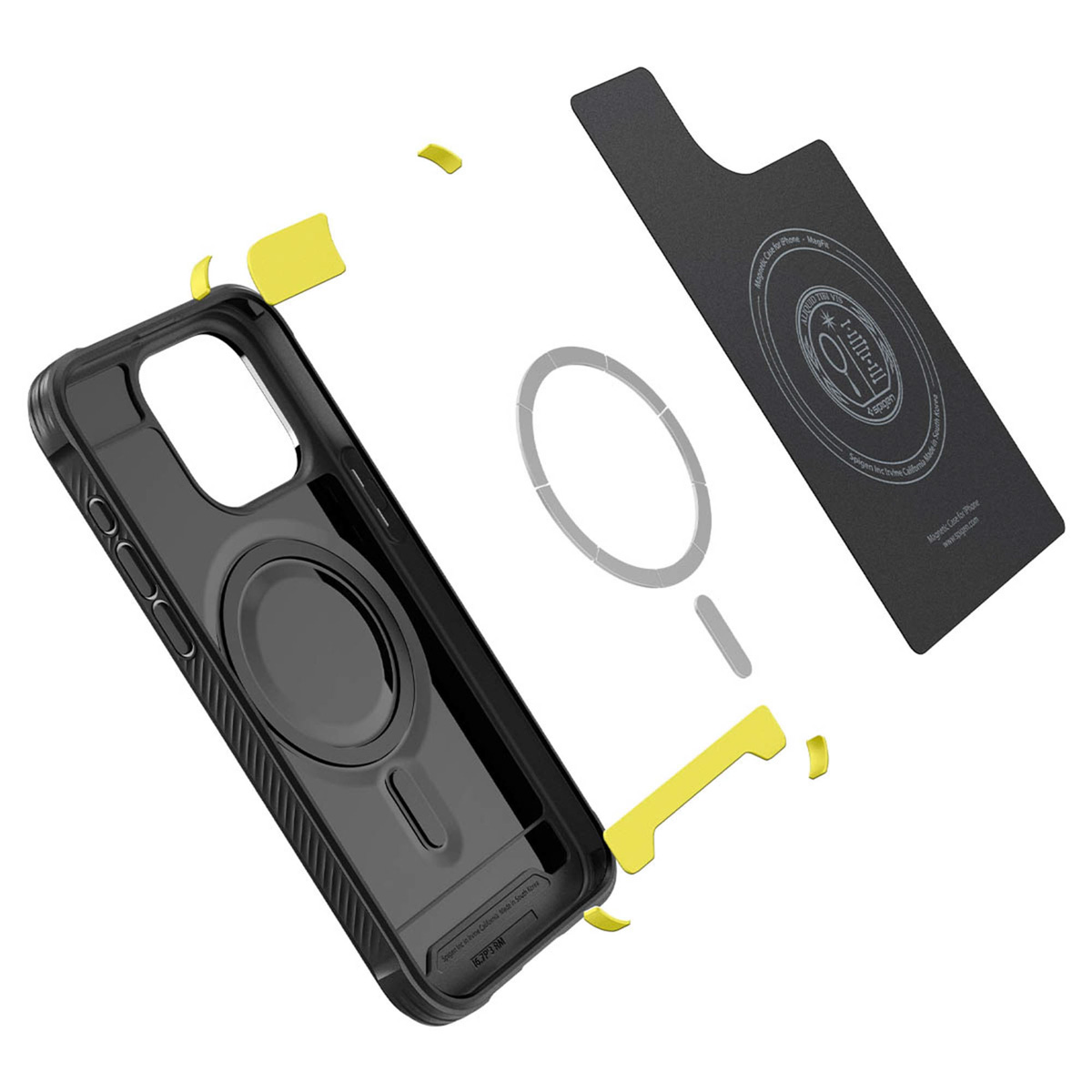 Vue éclatée d'une coque de téléphone avec cadre noir, accents jaunes et anneau magnétique.