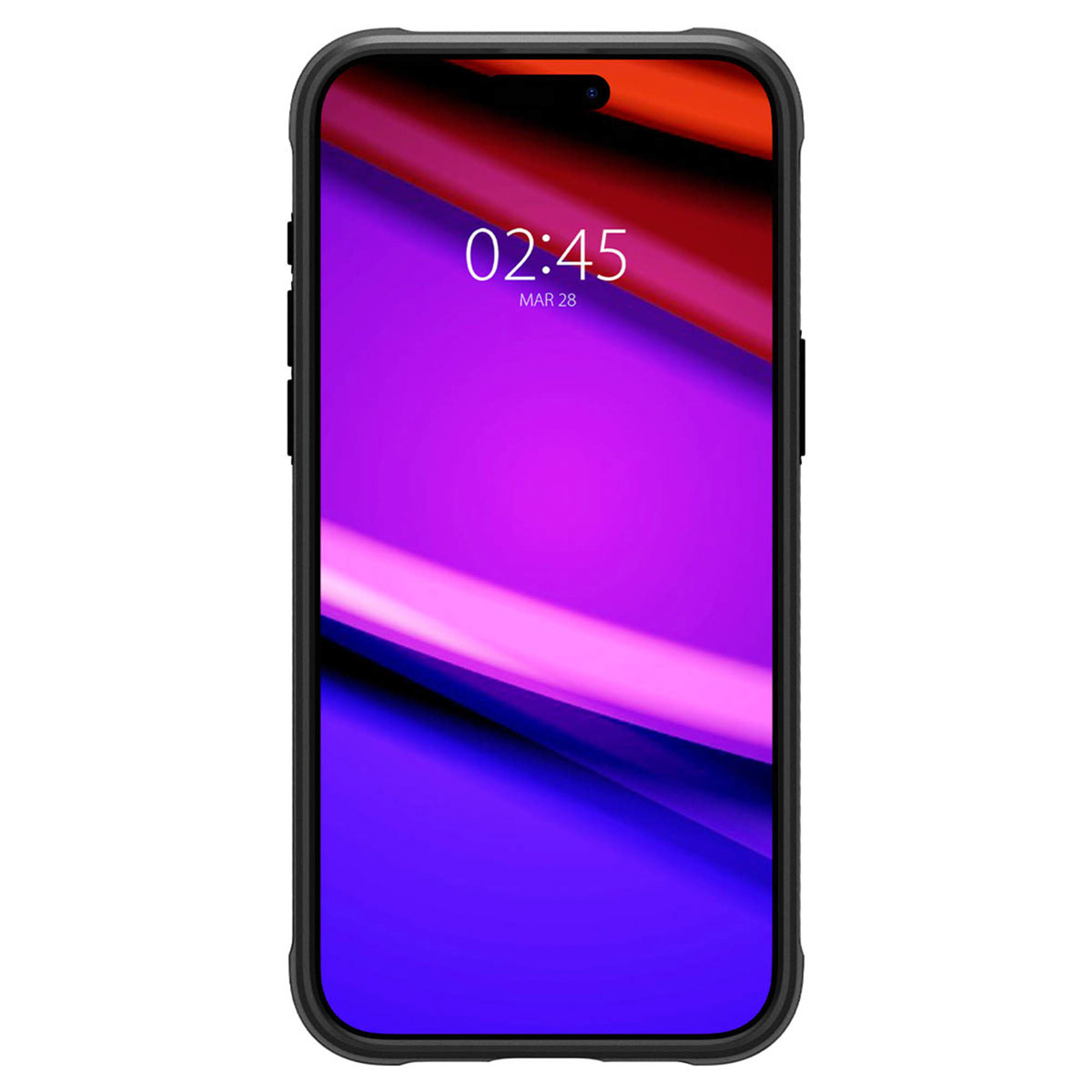 Téléphone avec un étui noir. L'écran affiche un design coloré.
