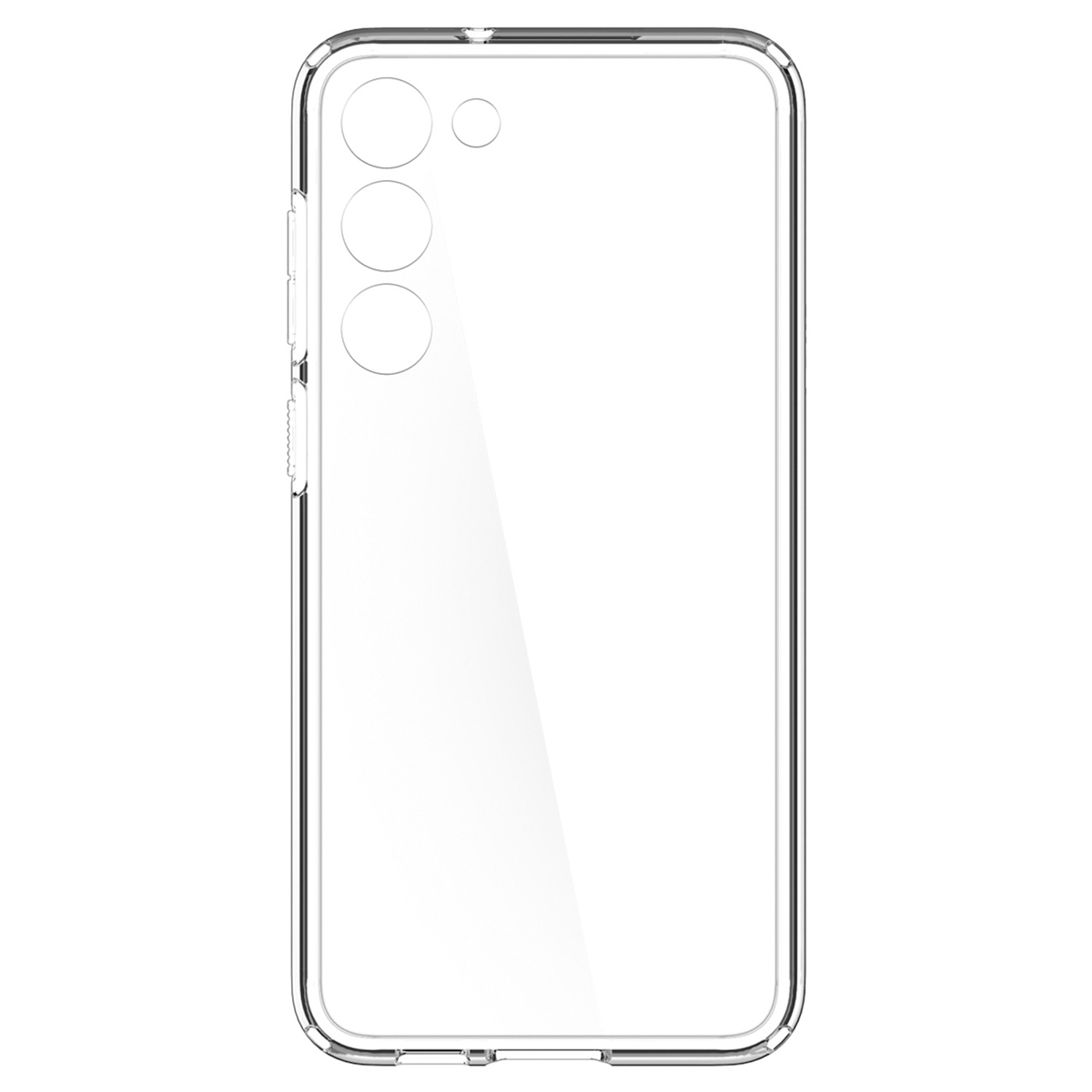 Una custodia per telefono trasparente, che mostra i ritagli della fotocamera e i pulsanti laterali. La custodia è su uno sfondo bianco.