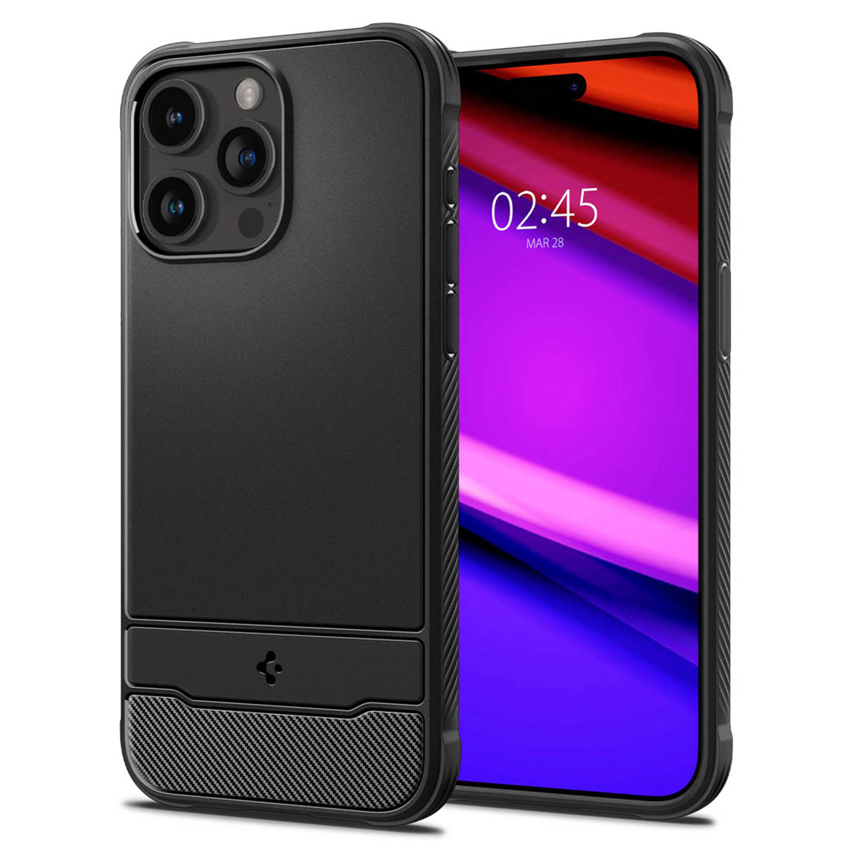 Coque noire avec béquille intégrée. L'écran affiche l'heure et la date.