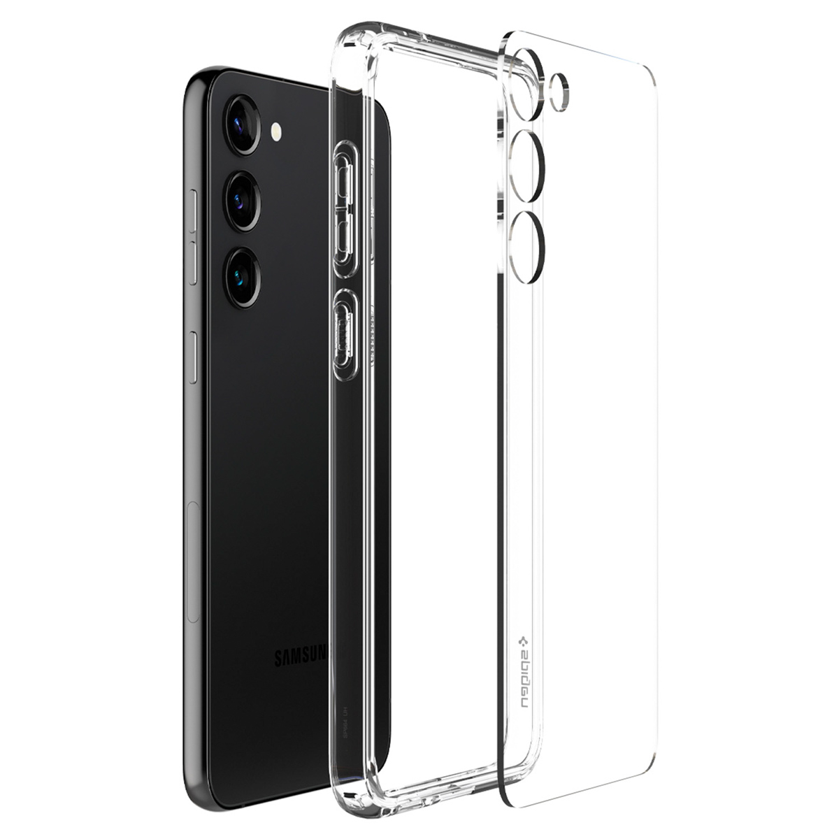 Smartphone nero e una custodia trasparente. Il telefono è nero con un array di fotocamere. Sfondo bianco.