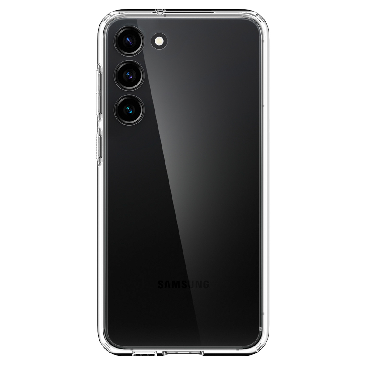 Telefono nero con custodia trasparente su sfondo bianco. Il telefono ha tre fotocamere posteriori.