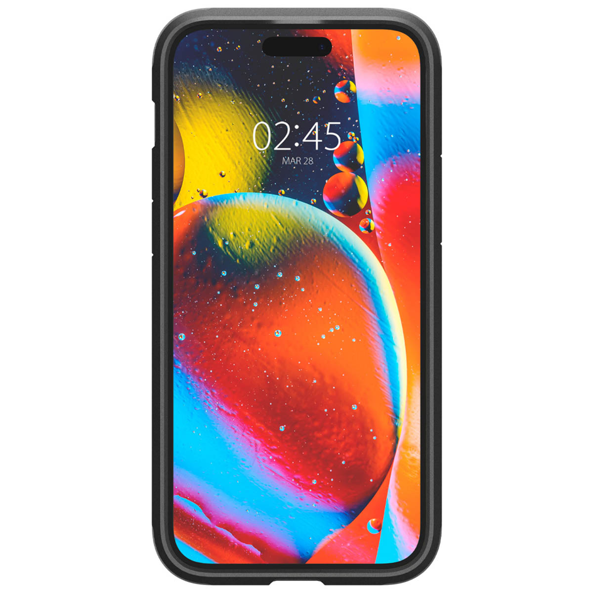 A black phone case with a phone displaying a colorful interface. The background is oil-like.