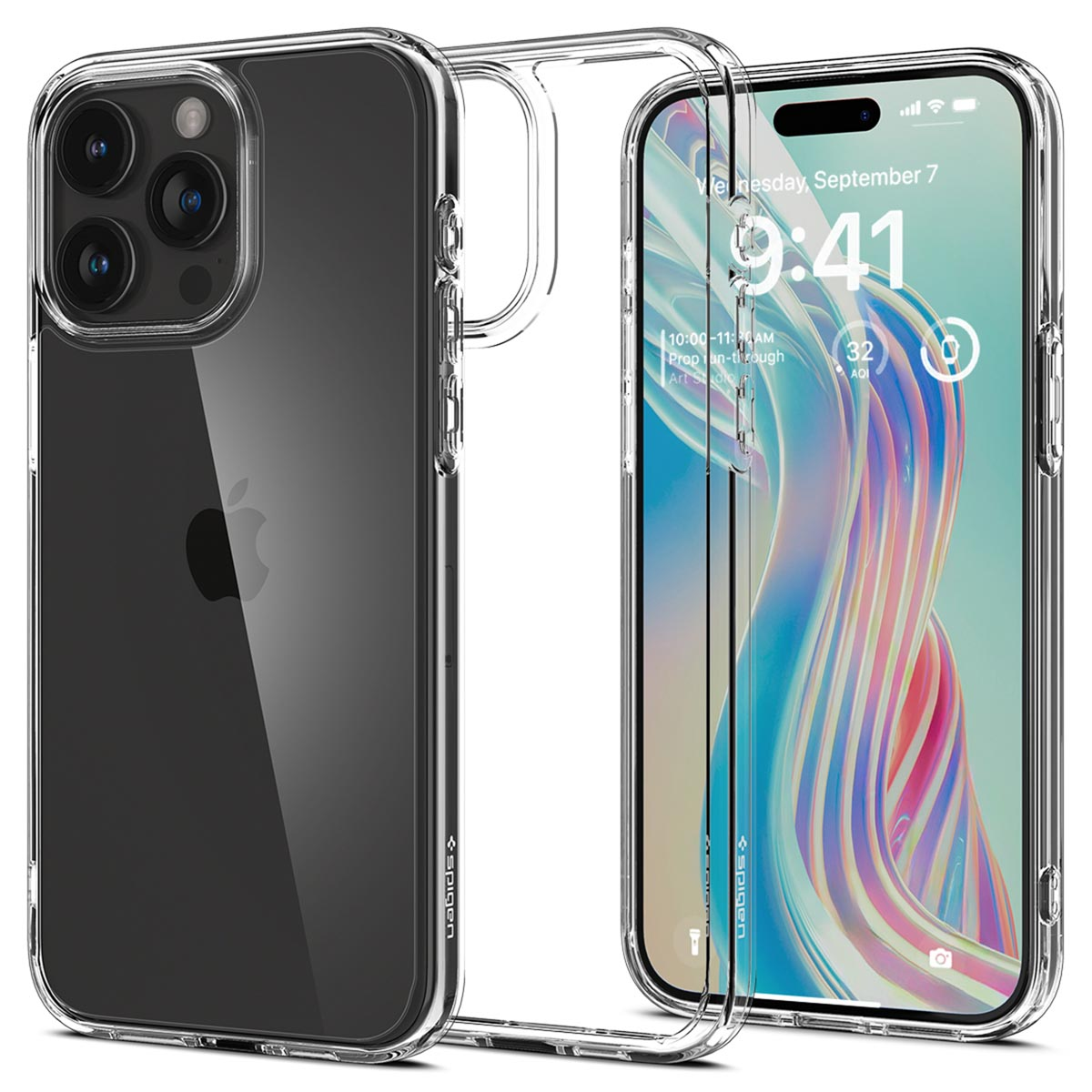 Un téléphone dans une coque transparente, montrant l'écran et les composants de la coque.