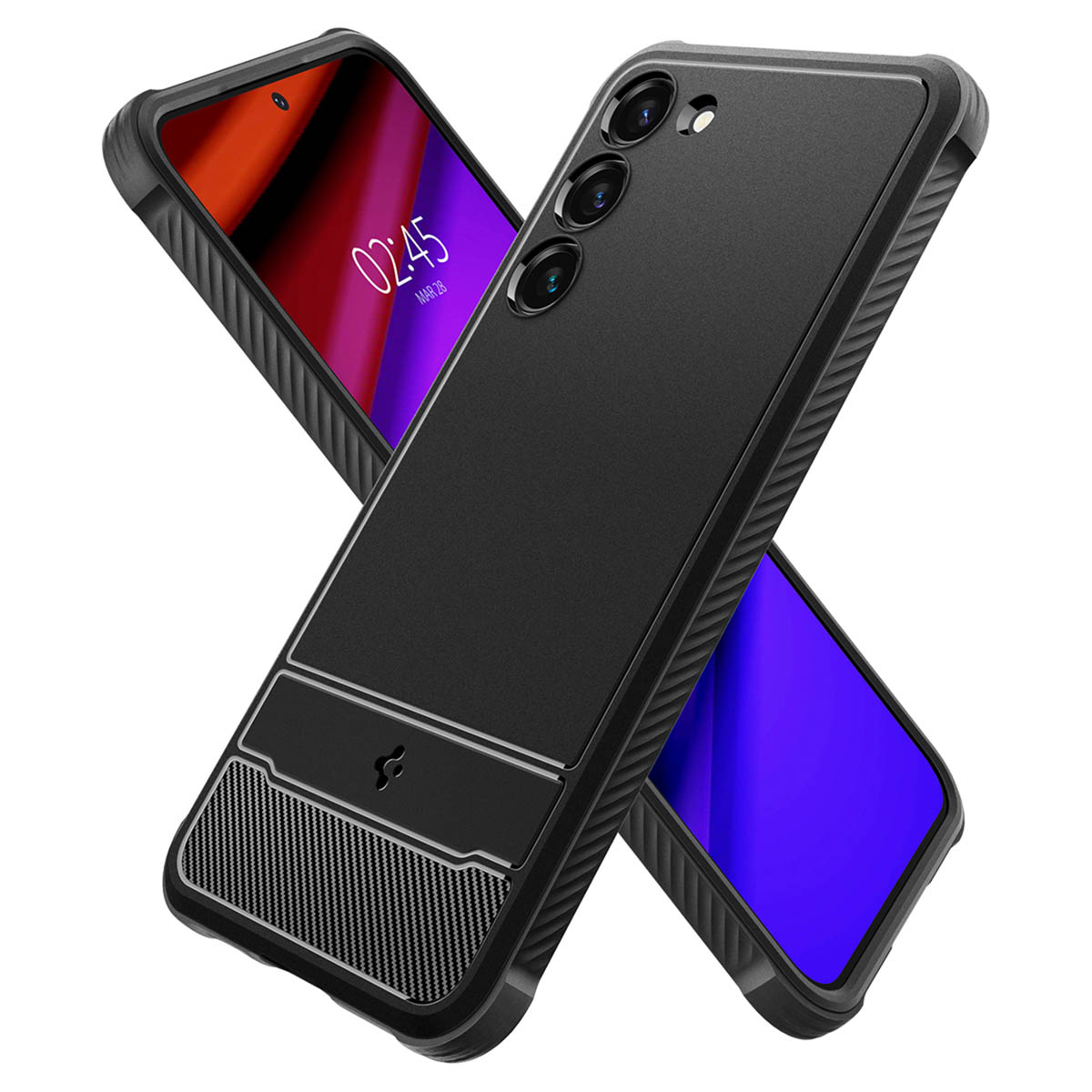 Deux coques de téléphone noires, une devant, une derrière, montrant le design et la texture.