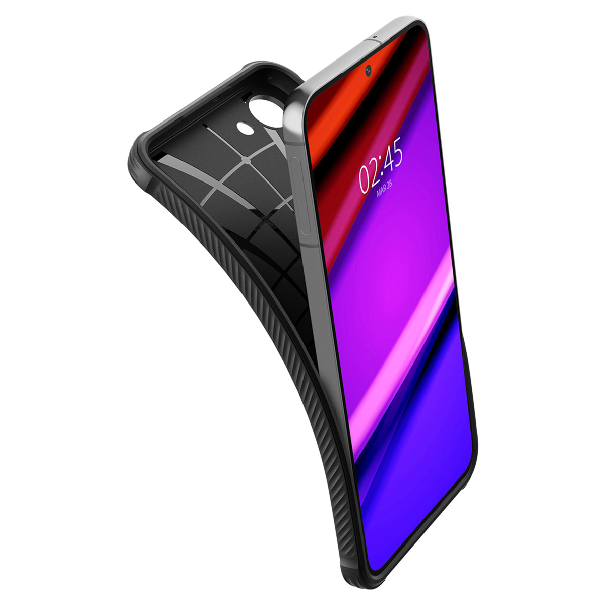 Téléphone noir dans un étui, incliné. L'écran affiche l'heure. L'étui semble être de conception protectrice.