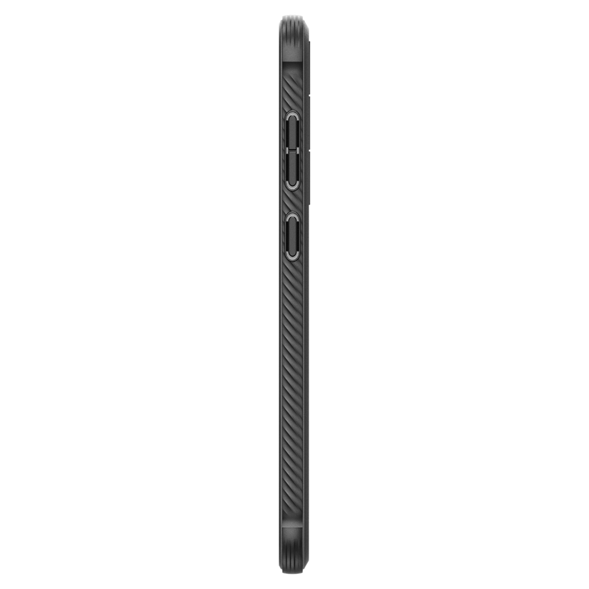 Coque de téléphone noire avec côtés texturés et boutons. La coque est pour un téléphone.