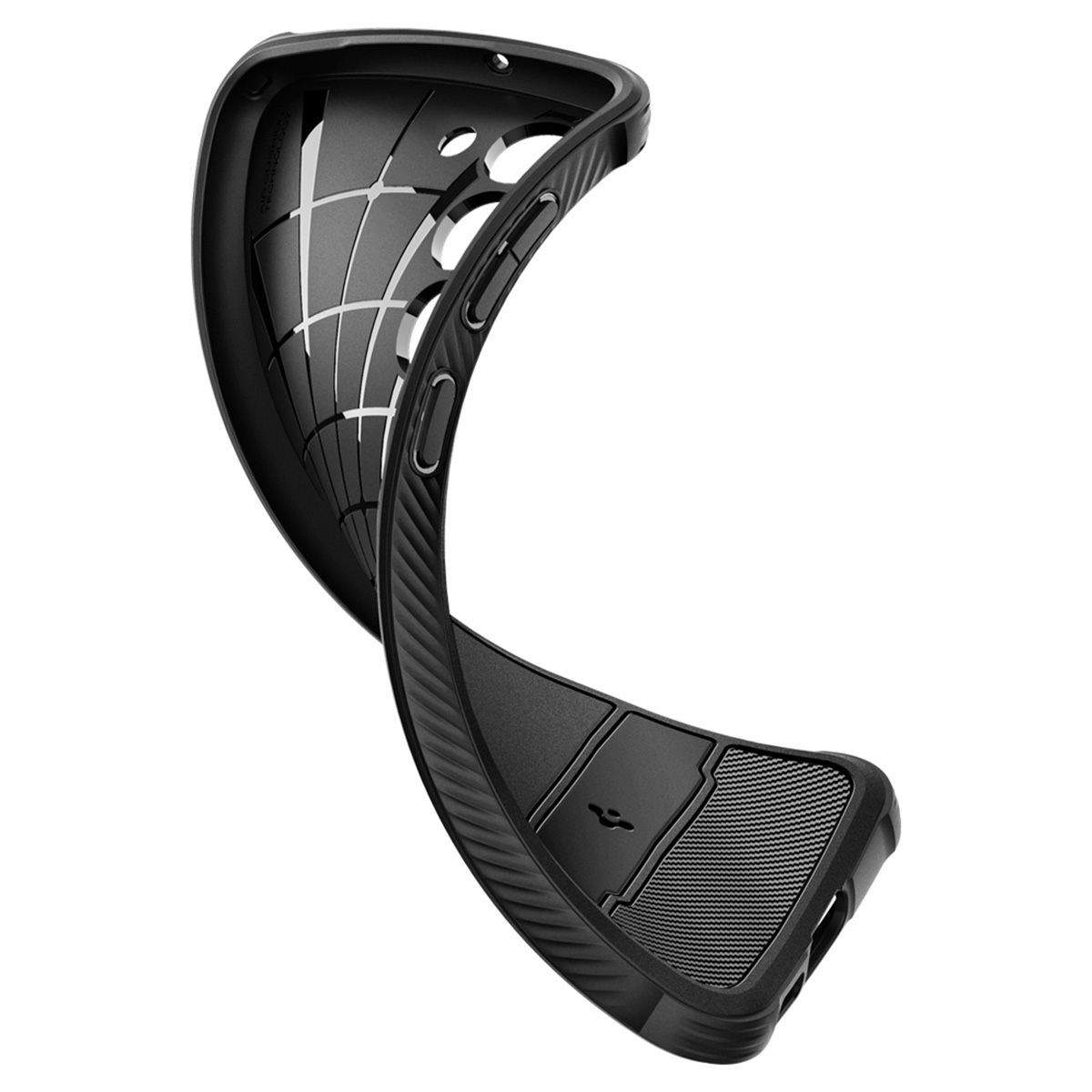 Coque de téléphone noire, flexible, avec dos texturé et motif quadrillé à l'intérieur.